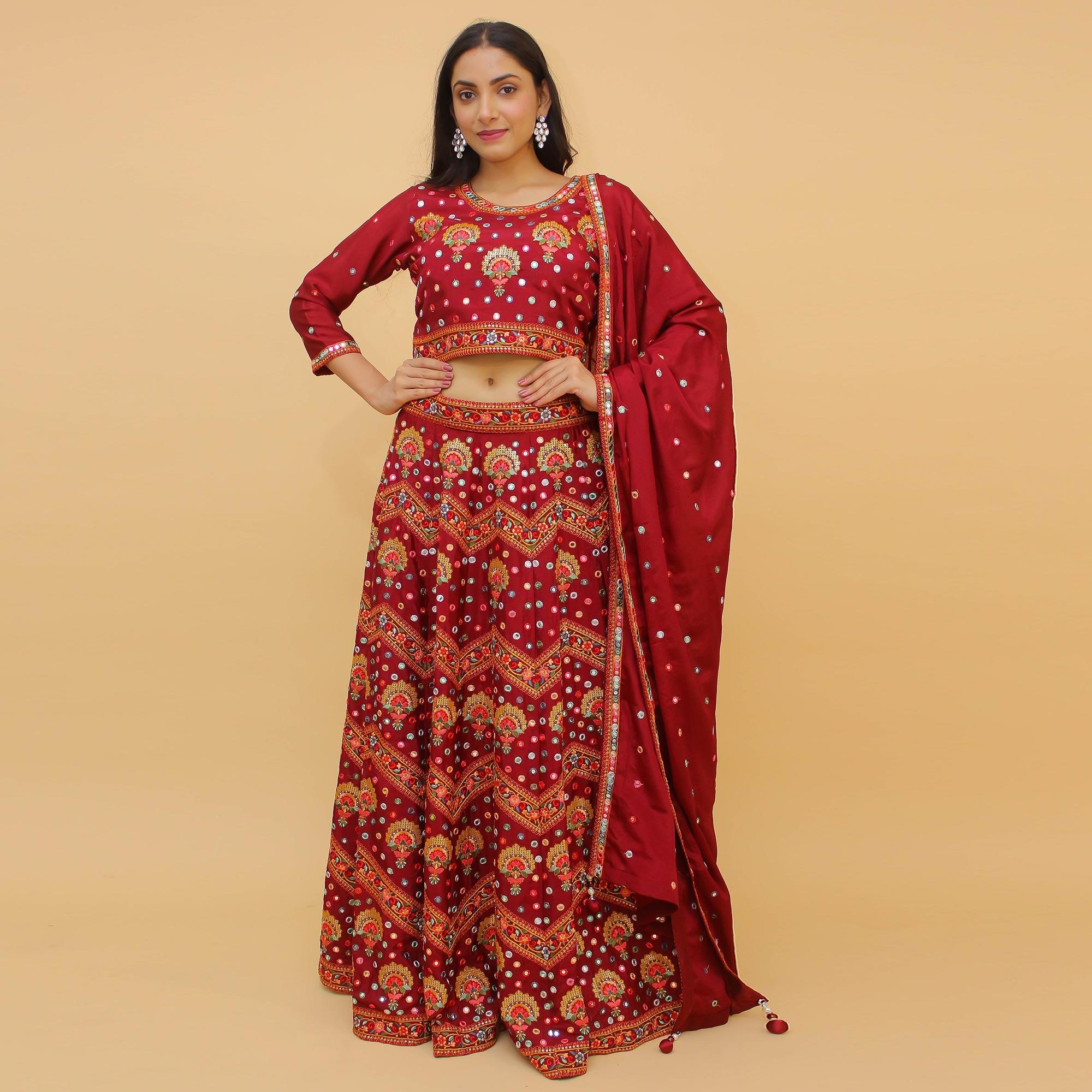 Maroon Embroidered With Embellished Chiffon Lehenga Choli - Peachmode
