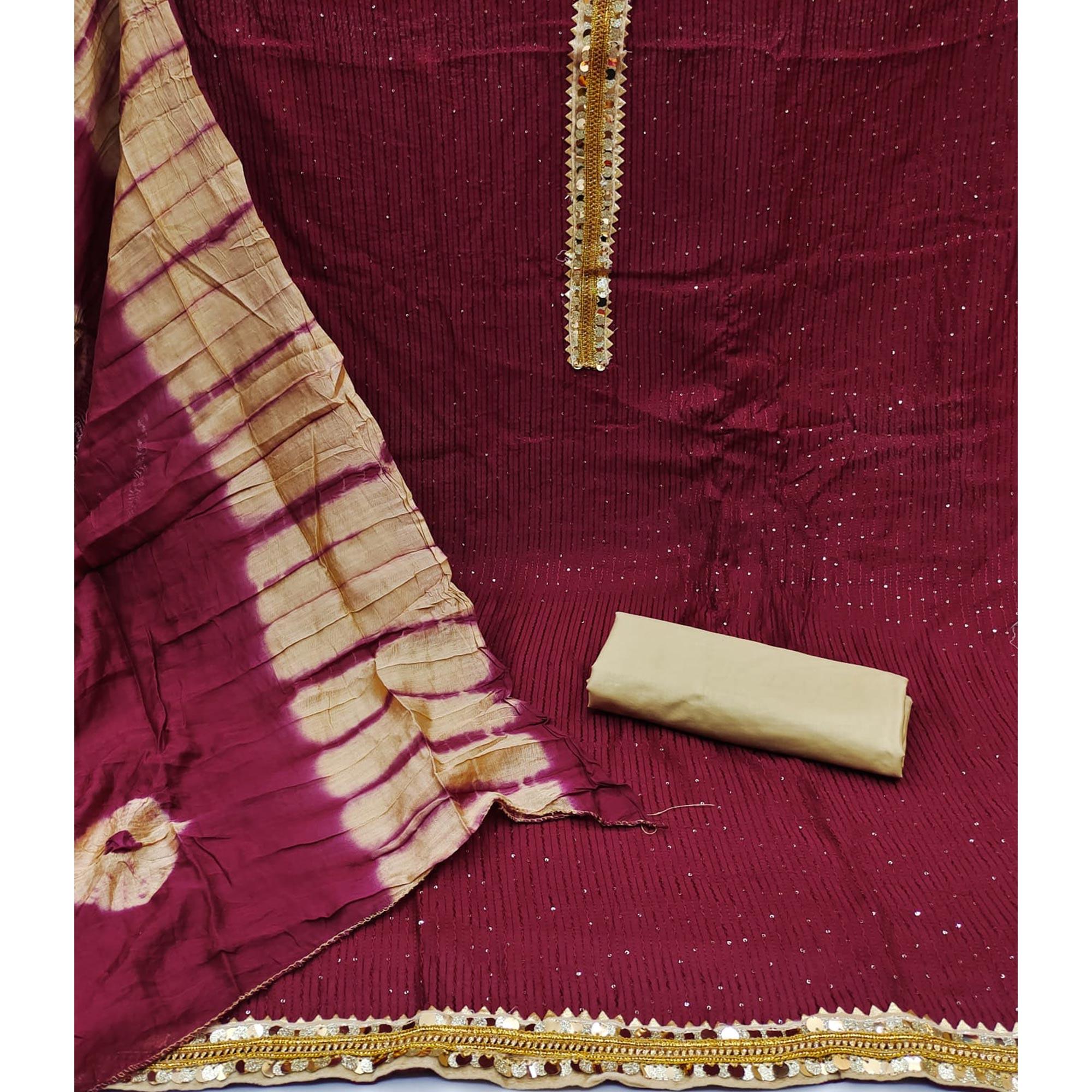 Maroon Embroidered With Embellished Cotton Blend Dress Material - Peachmode