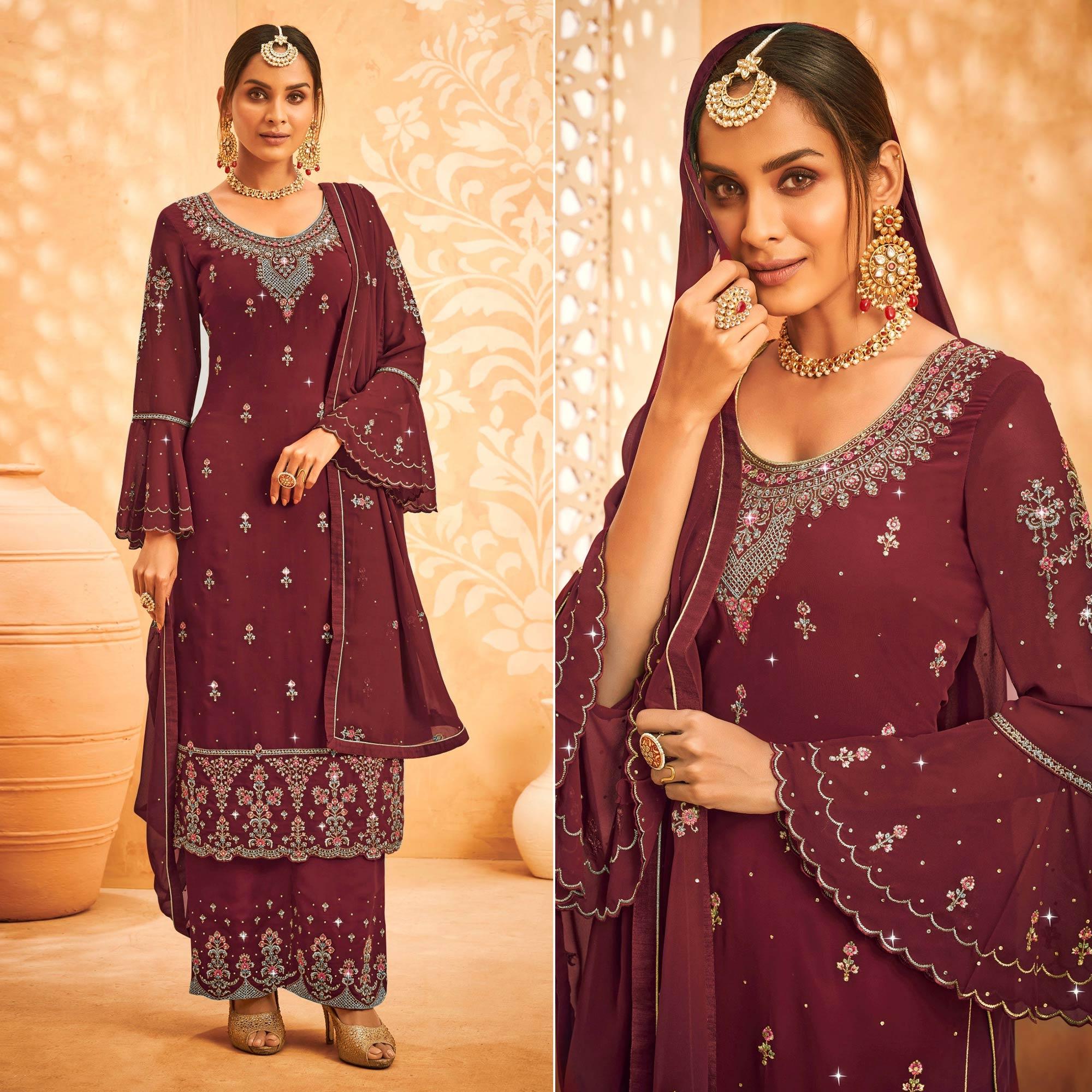 Maroon Embroidered With Embellished Georgette Palazzo Suit - Peachmode