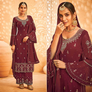Maroon Embroidered With Embellished Georgette Palazzo Suit - Peachmode