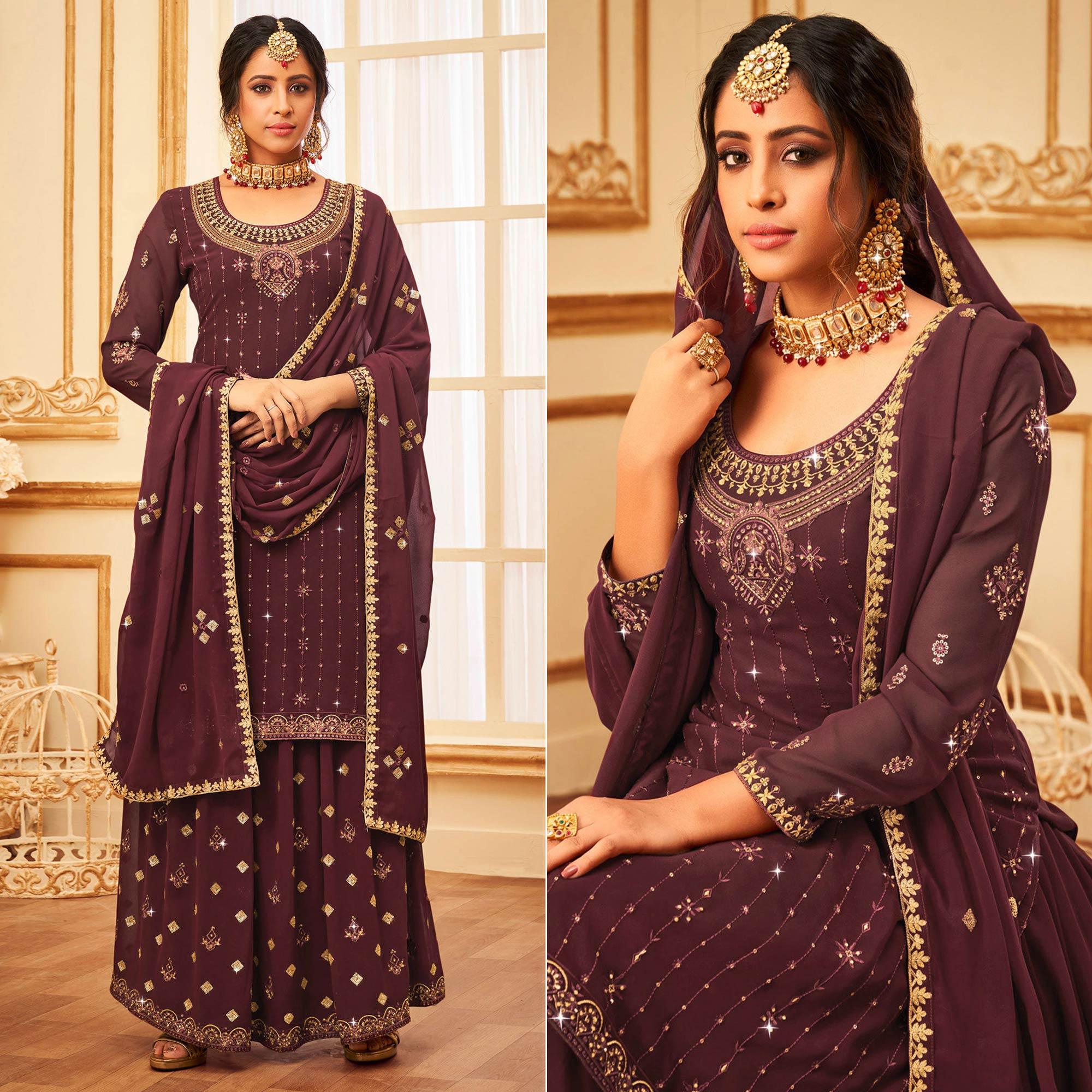 Maroon Embroidered With Embellished Georgette Palazzo Suit - Peachmode