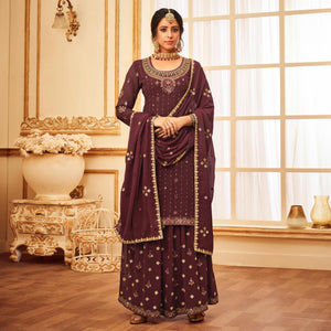Maroon Embroidered With Embellished Georgette Palazzo Suit - Peachmode