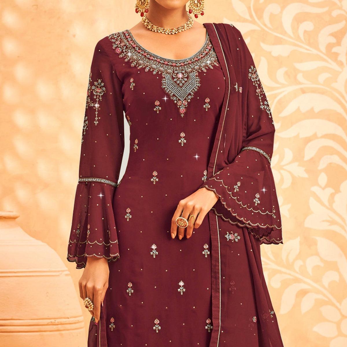 Maroon Embroidered With Embellished Georgette Palazzo Suit - Peachmode