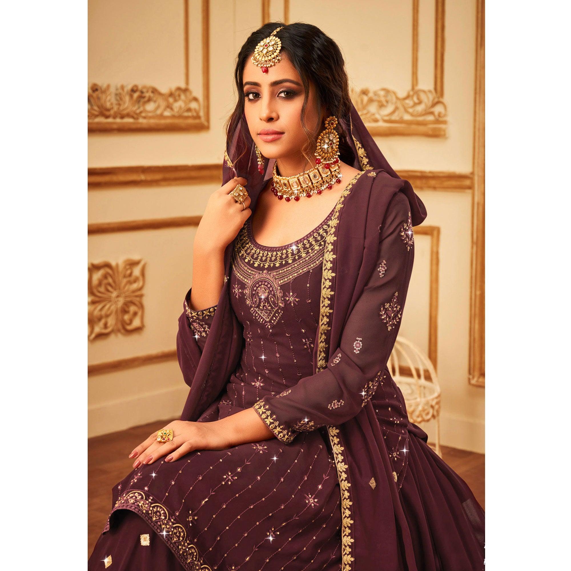 Maroon Embroidered With Embellished Georgette Palazzo Suit - Peachmode
