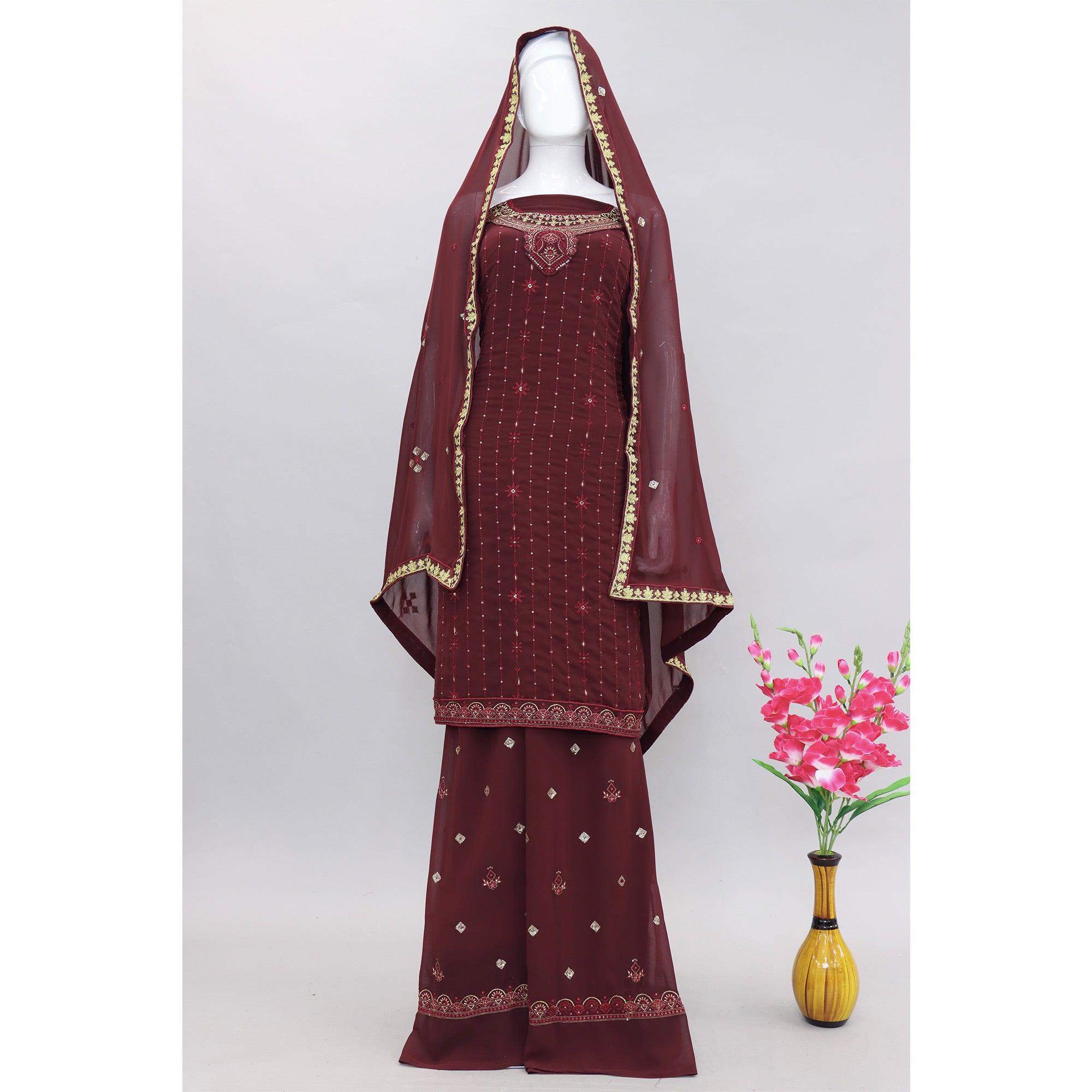 Maroon Embroidered With Embellished Georgette Palazzo Suit - Peachmode