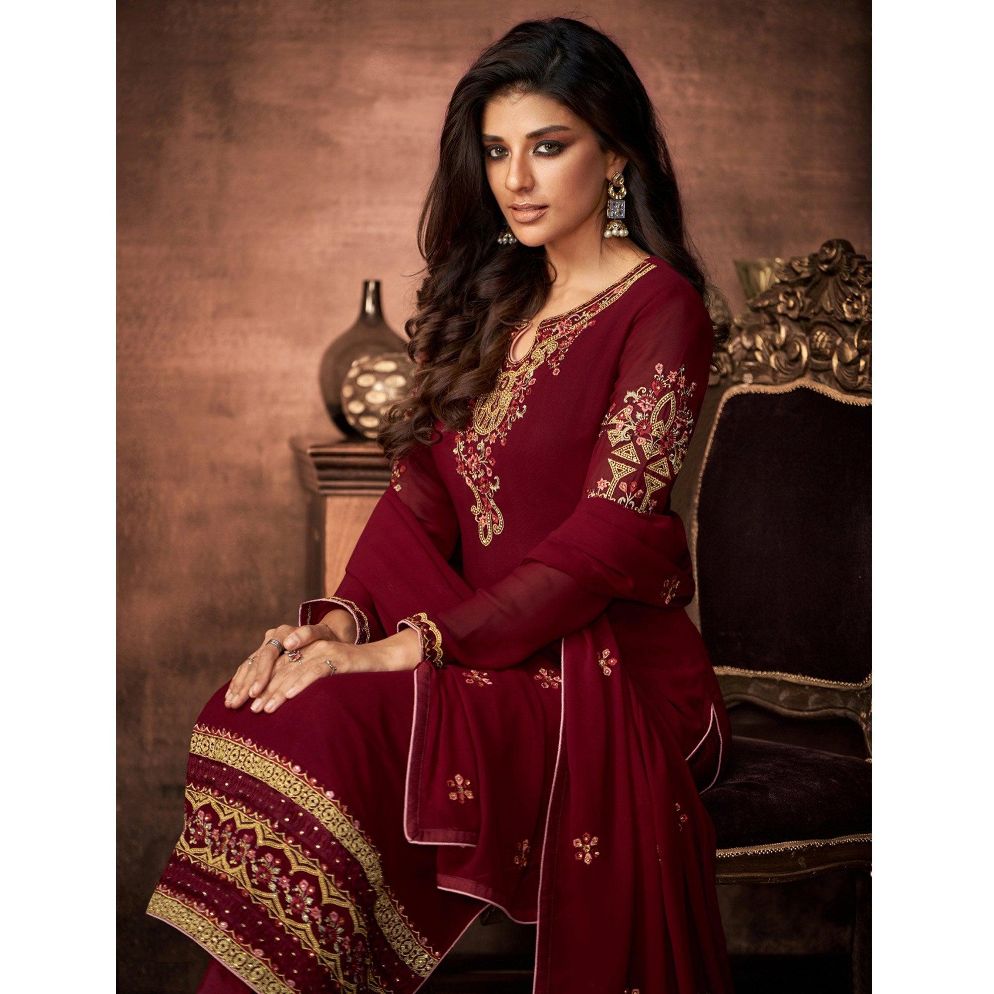 Maroon Embroidered With Embellished Georgette Salwar Suit - Peachmode