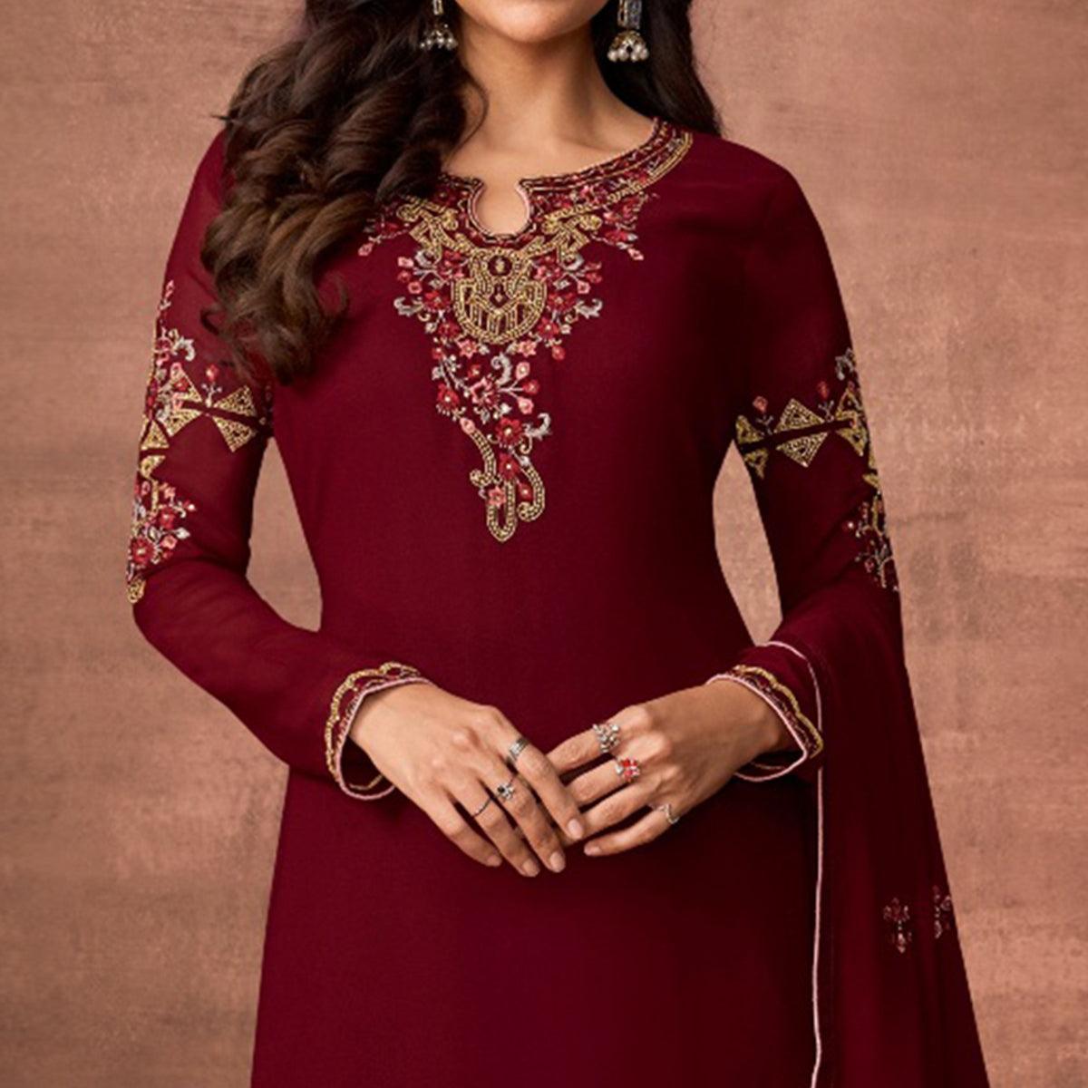 Maroon Embroidered With Embellished Georgette Salwar Suit - Peachmode