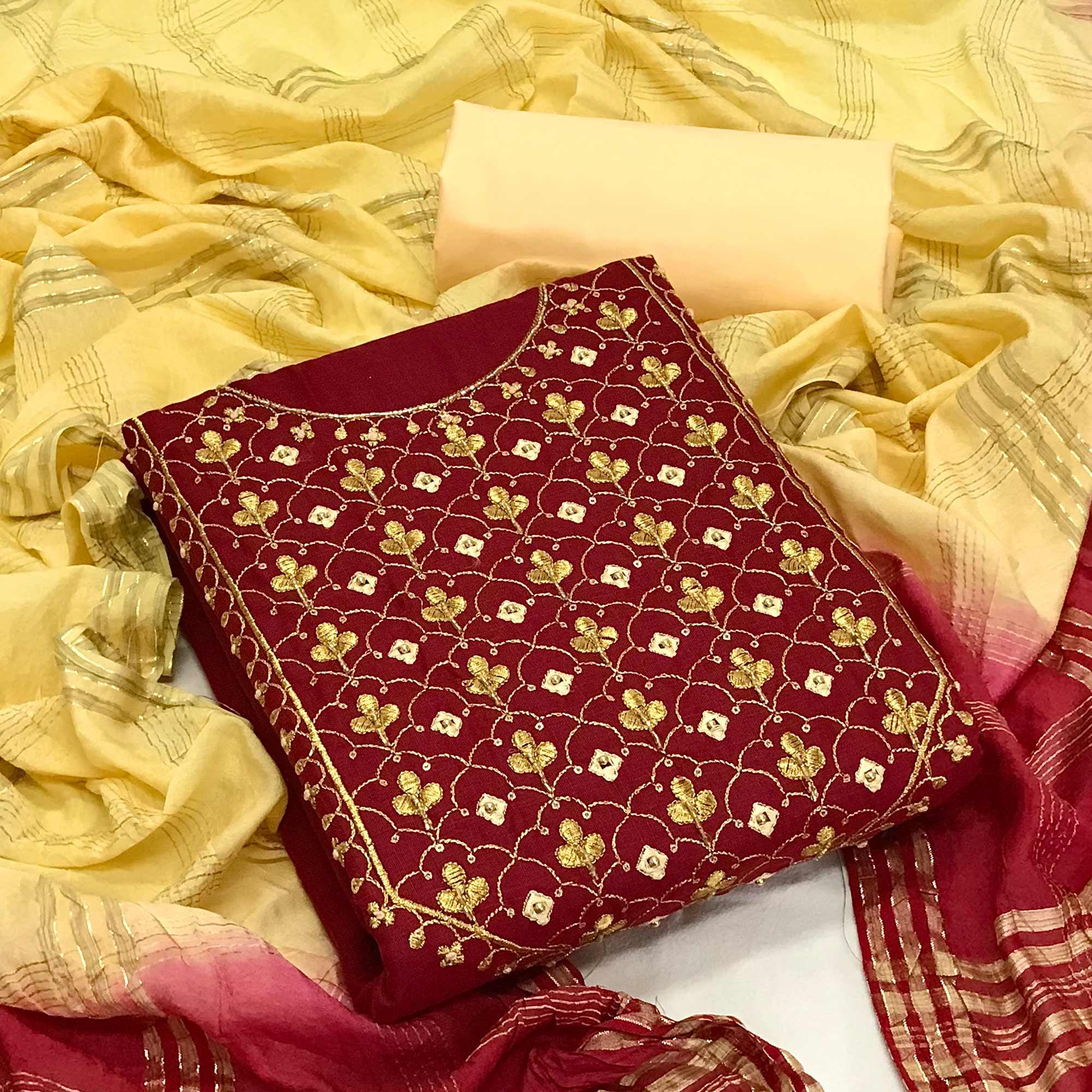 Maroon Embroidered With Embellished Poly Cotton Dress Material - Peachmode