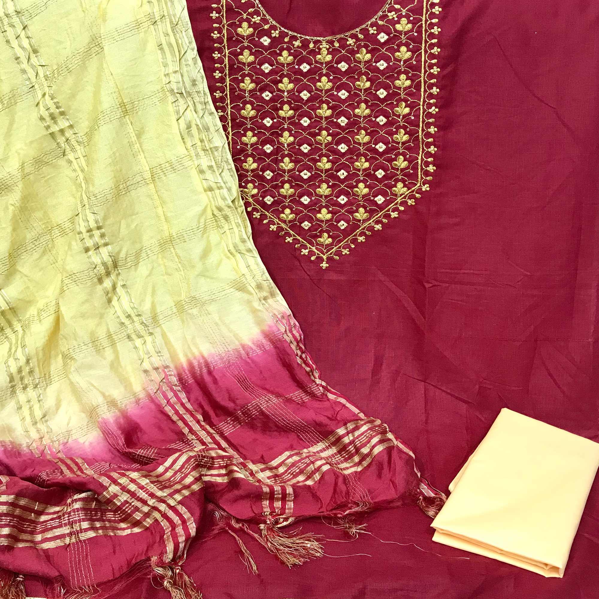 Maroon Embroidered With Embellished Poly Cotton Dress Material - Peachmode