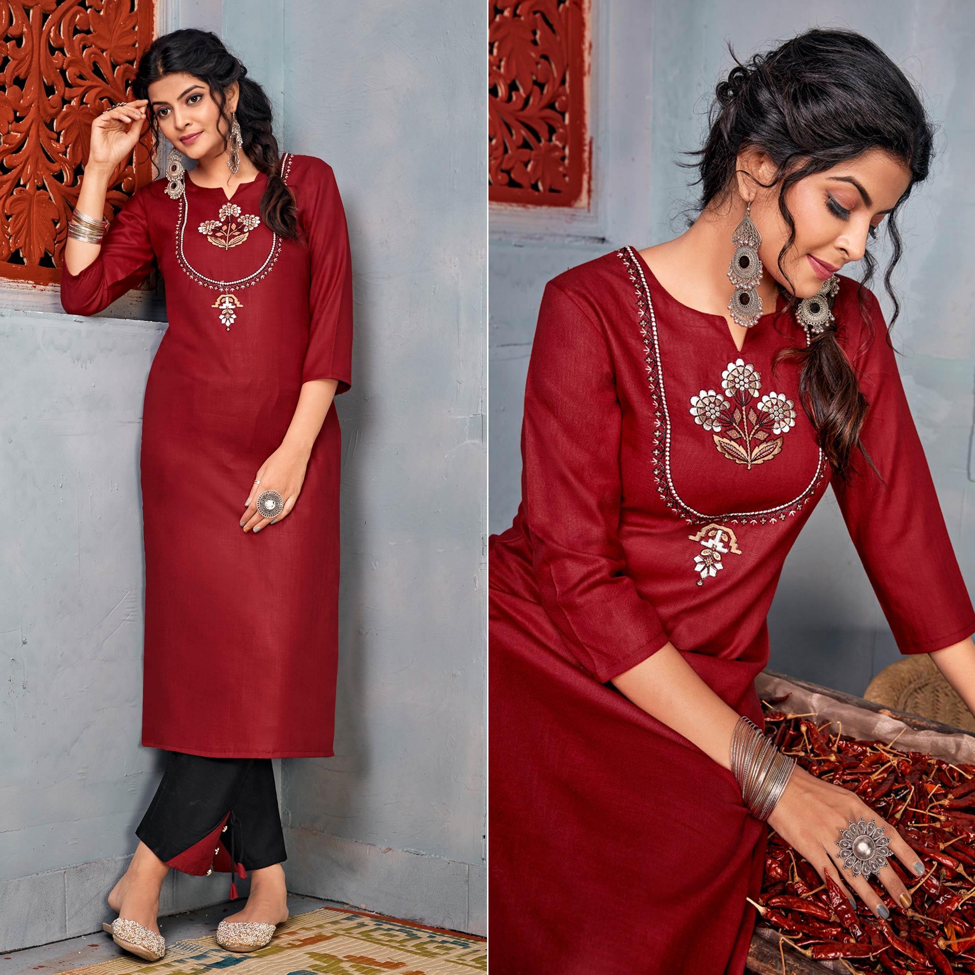 Maroon Embroidered With Embellished Rayon Kurti Pant Set - Peachmode