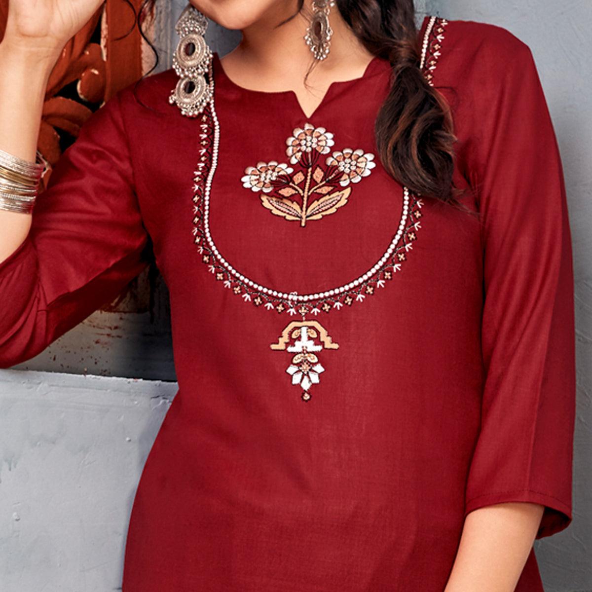 Maroon Embroidered With Embellished Rayon Kurti Pant Set - Peachmode