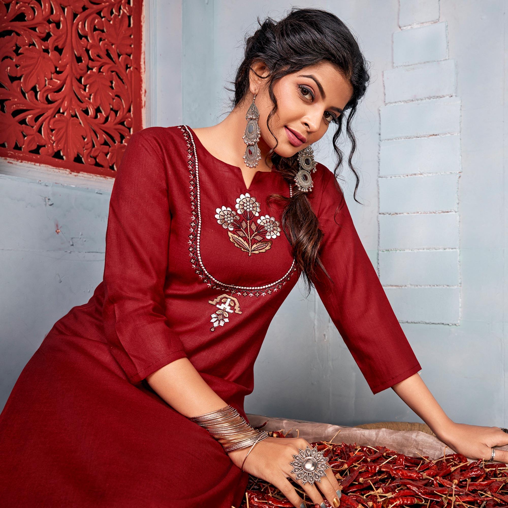 Maroon Embroidered With Embellished Rayon Kurti Pant Set - Peachmode
