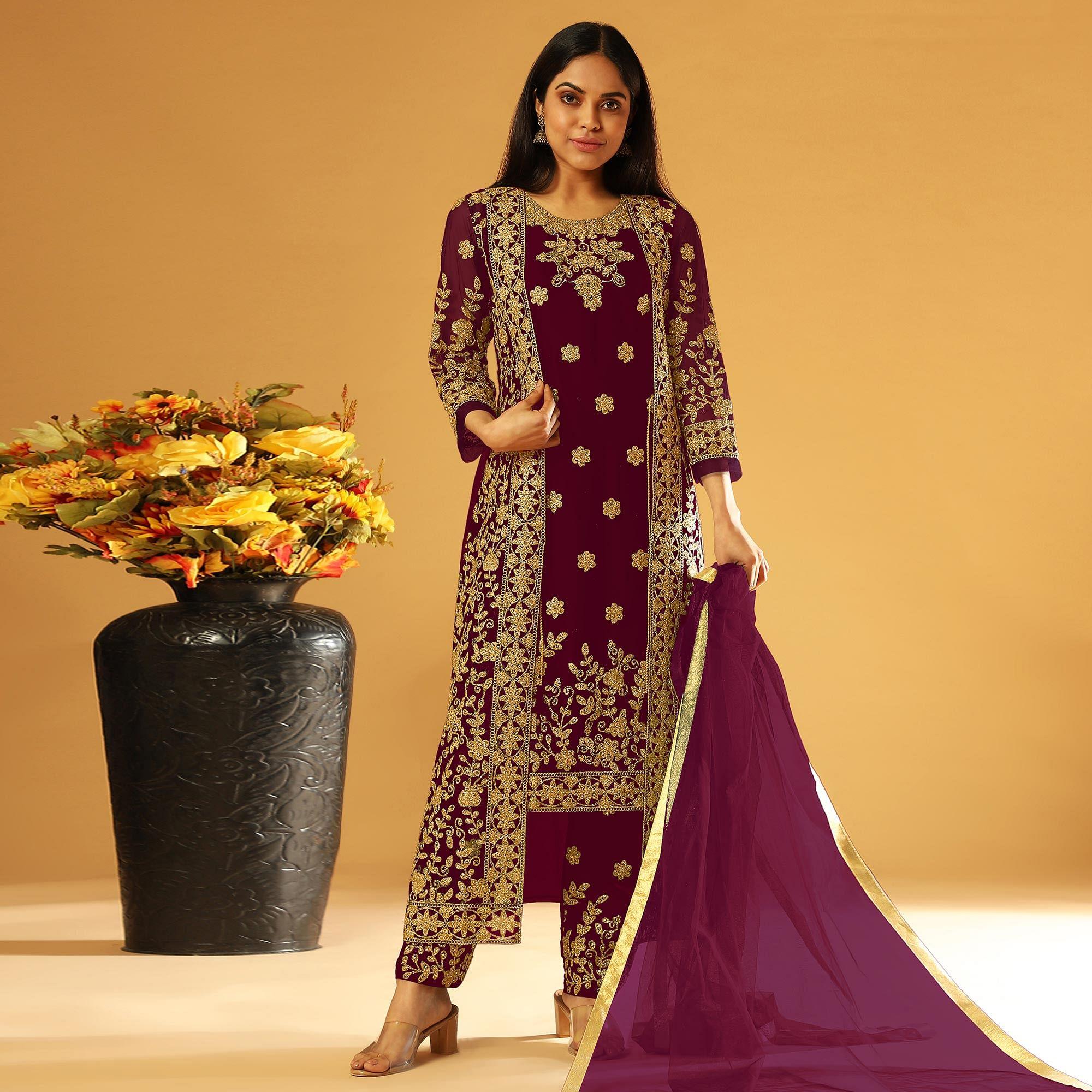 Maroon Embroidery & Cording Work Net Partywear Suit With Koti - Peachmode