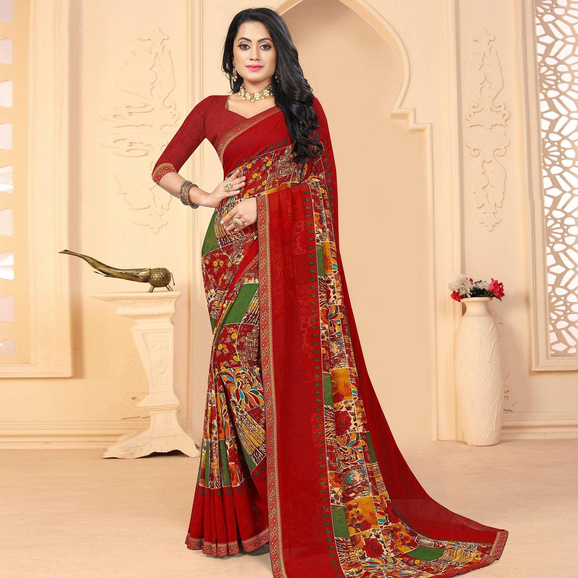 Maroon Festive Wear Abstract Printed Work Georgette Designer Saree - Peachmode