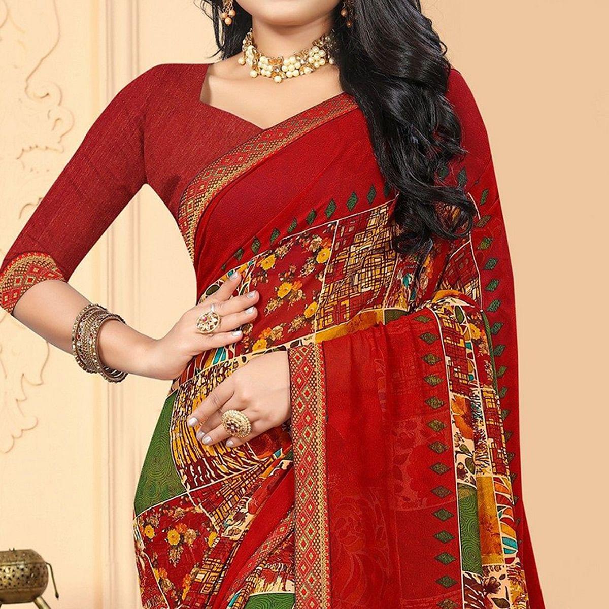 Maroon Festive Wear Abstract Printed Work Georgette Designer Saree - Peachmode