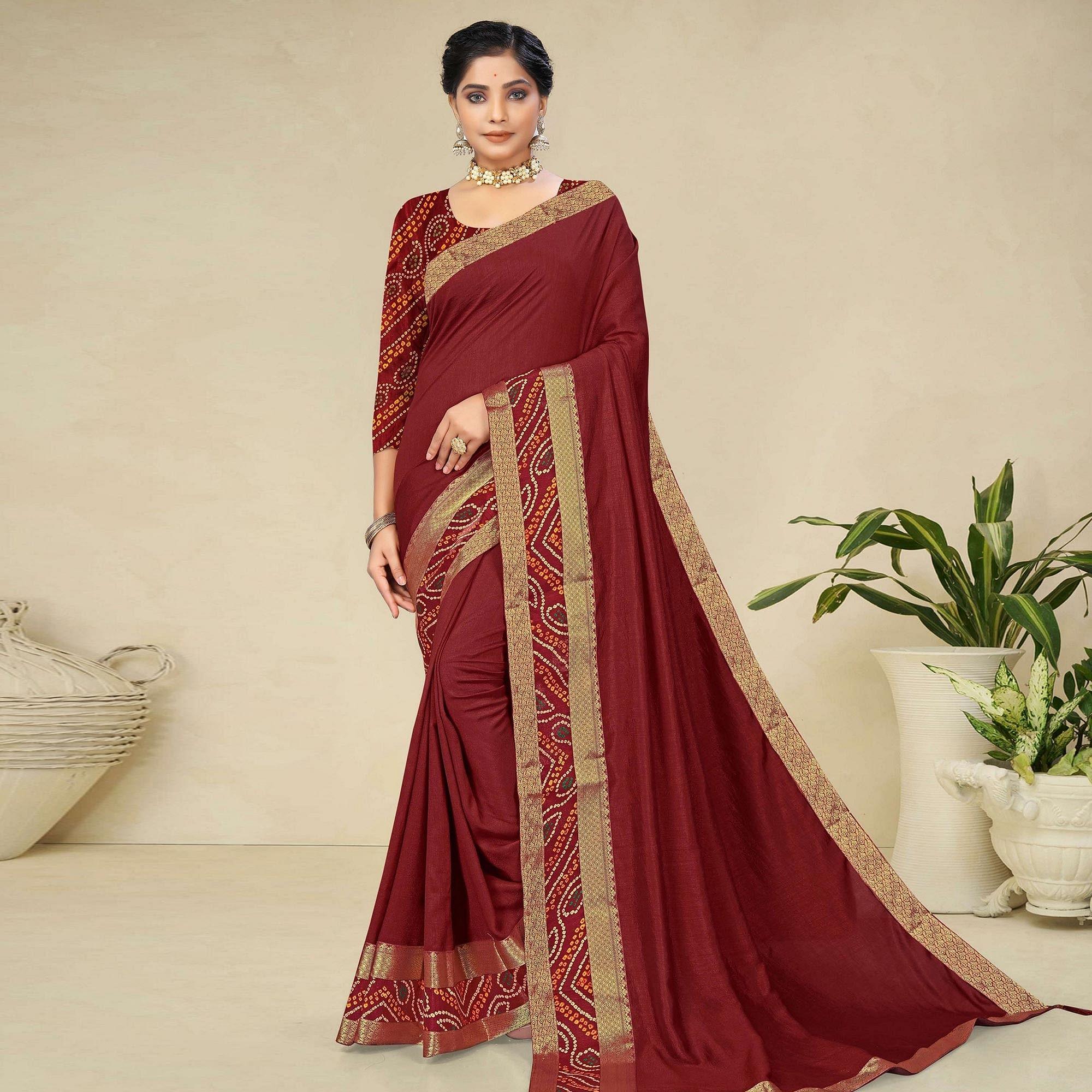Maroon Festive Wear Bandhani Printed Border Silk Designer Saree - Peachmode