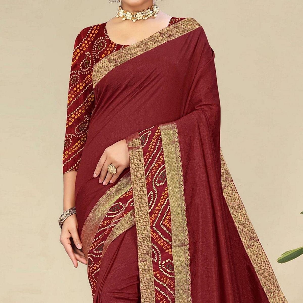 Maroon Festive Wear Bandhani Printed Border Silk Designer Saree - Peachmode