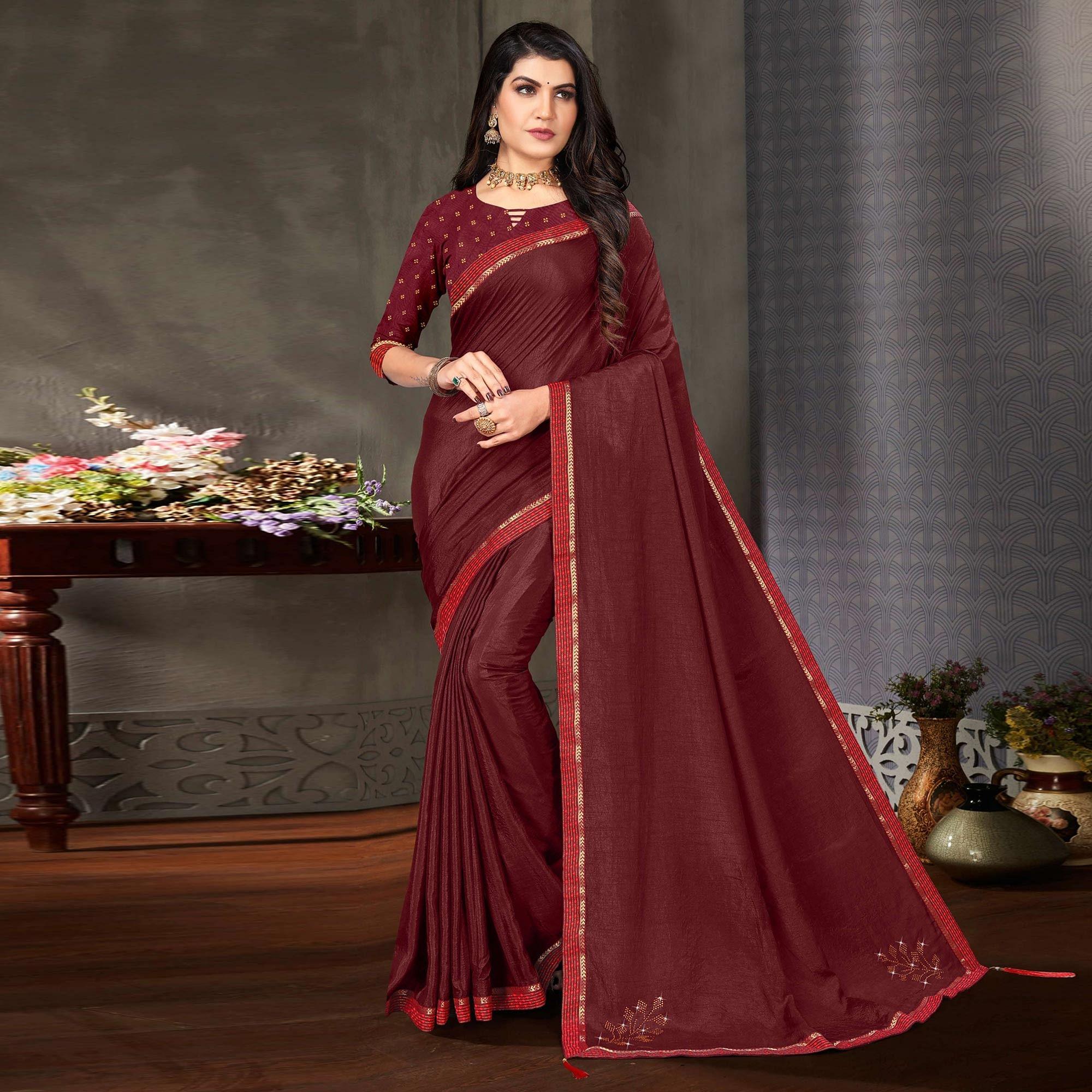 Maroon Festive Wear Embellished Art Silk Saree - Peachmode