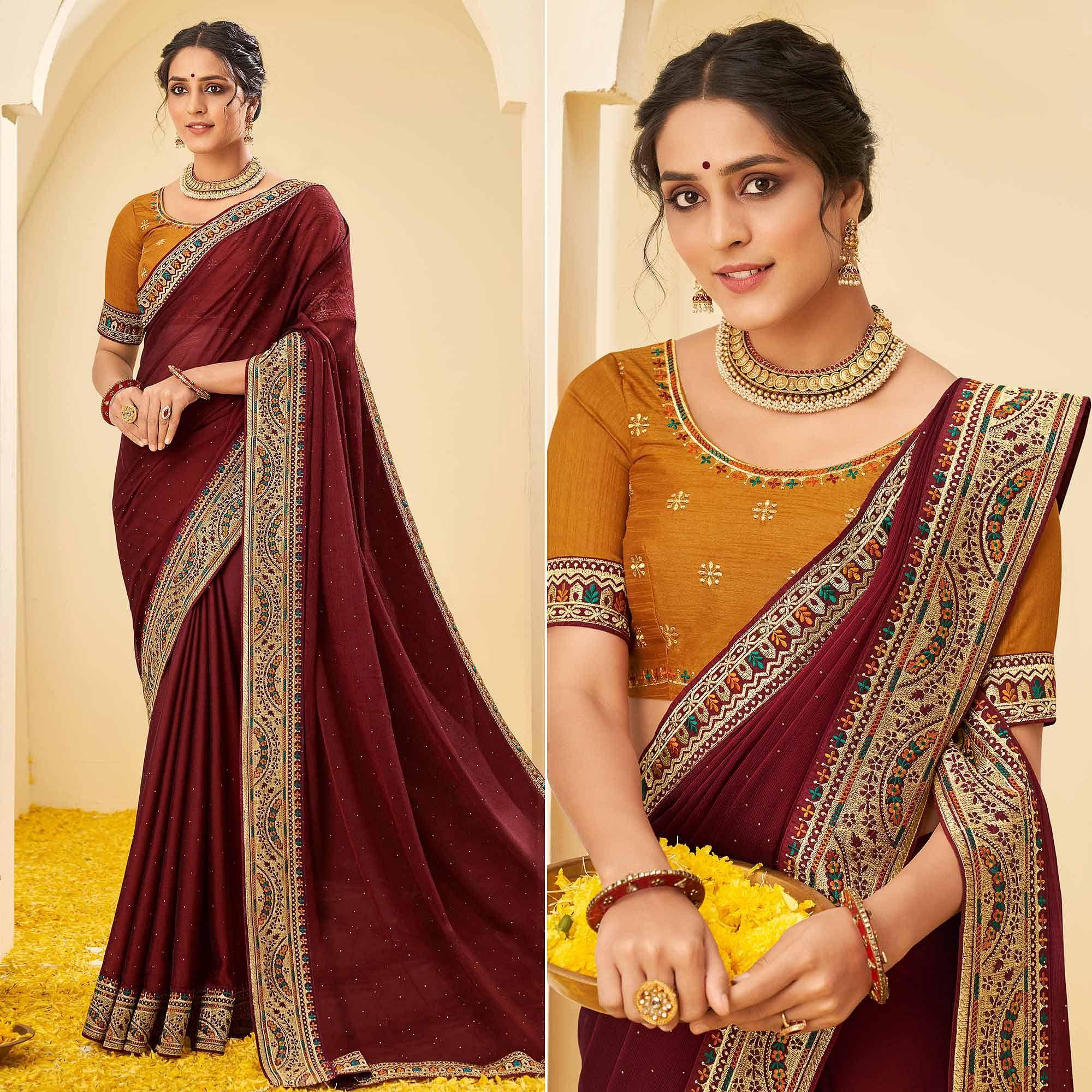 Maroon Festive Wear Embellished Chiffon Saree With Heavy Lace - Peachmode