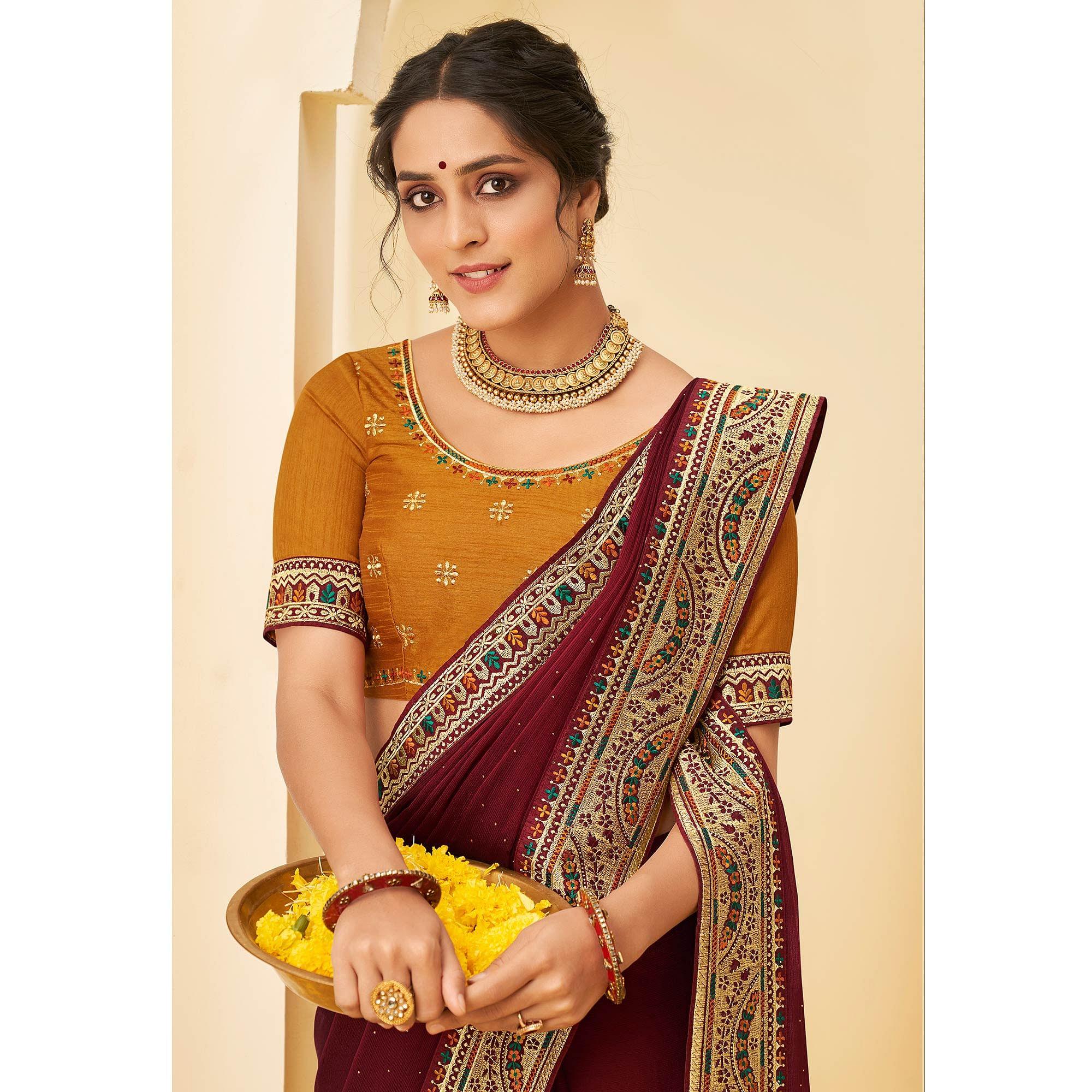 Maroon Festive Wear Embellished Chiffon Saree With Heavy Lace - Peachmode