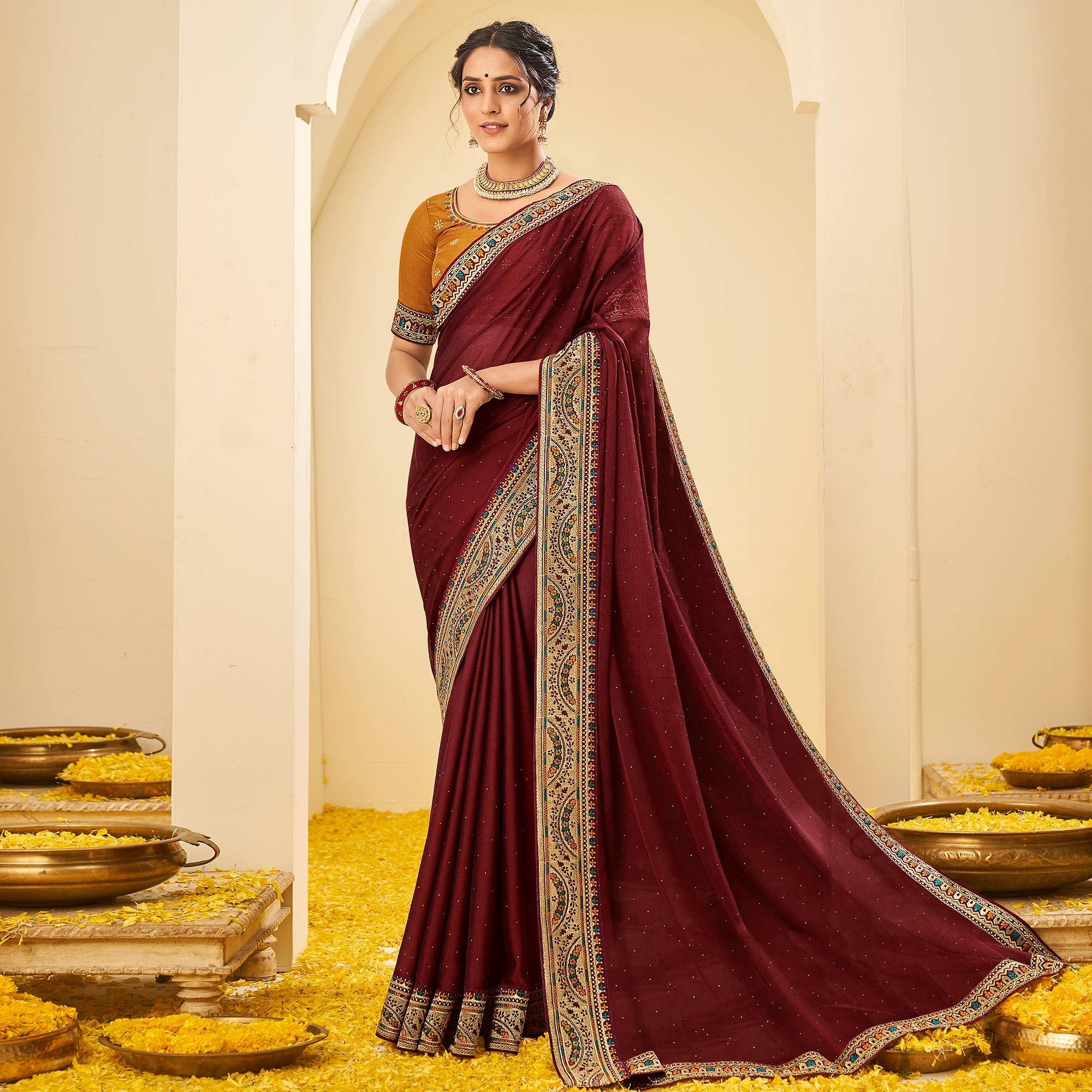 Maroon Festive Wear Embellished Chiffon Saree With Heavy Lace - Peachmode