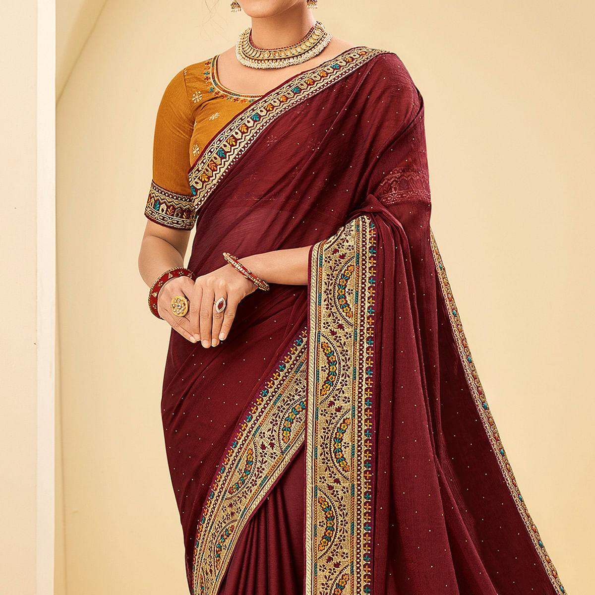 Maroon Festive Wear Embellished Chiffon Saree With Heavy Lace - Peachmode