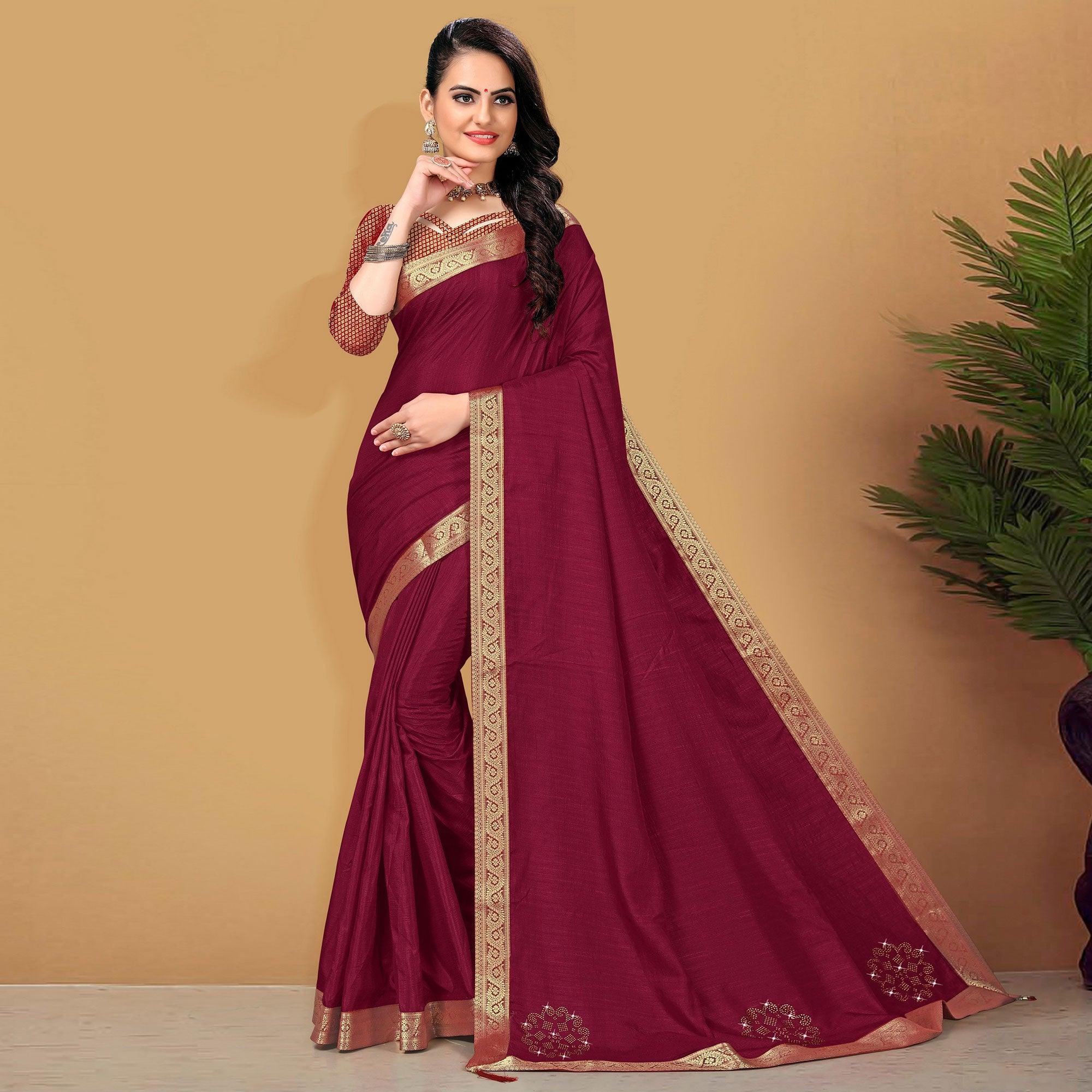 Maroon Festive Wear Embellished Vichitra Silk Saree - Peachmode