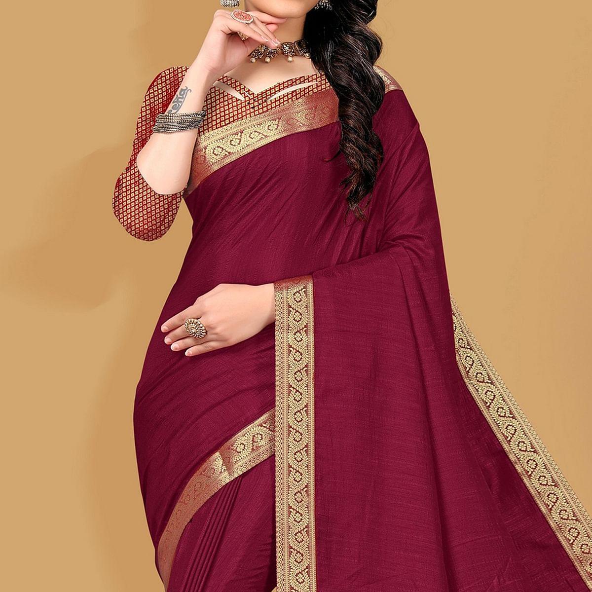 Maroon Festive Wear Embellished Vichitra Silk Saree - Peachmode