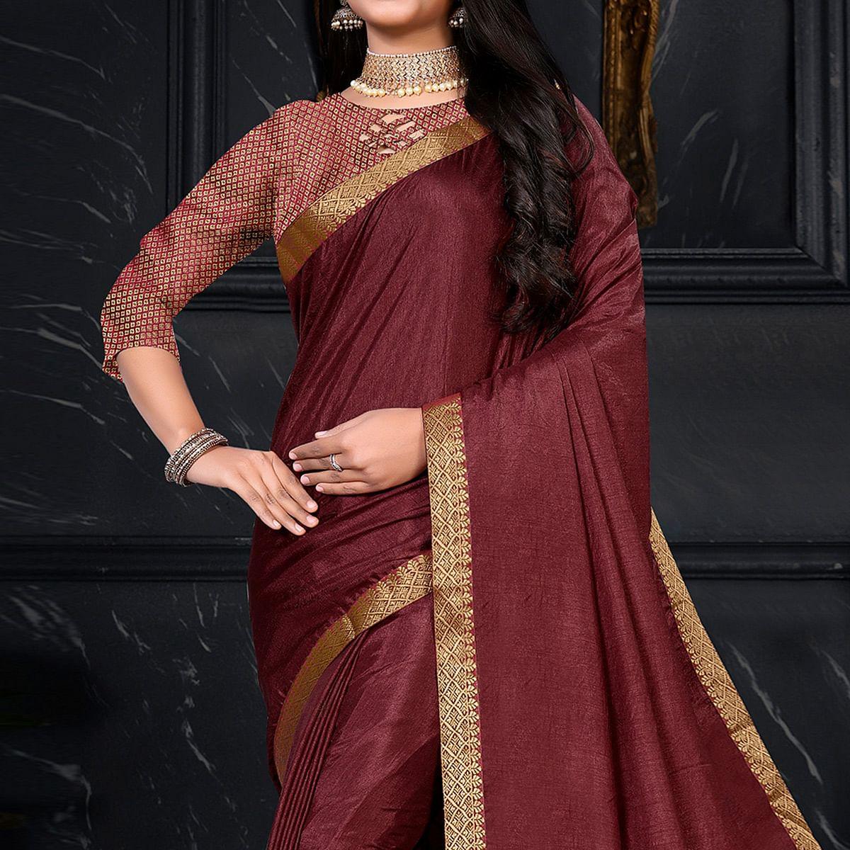 Maroon Festive Wear Embellished Vichitra Silk Saree - Peachmode