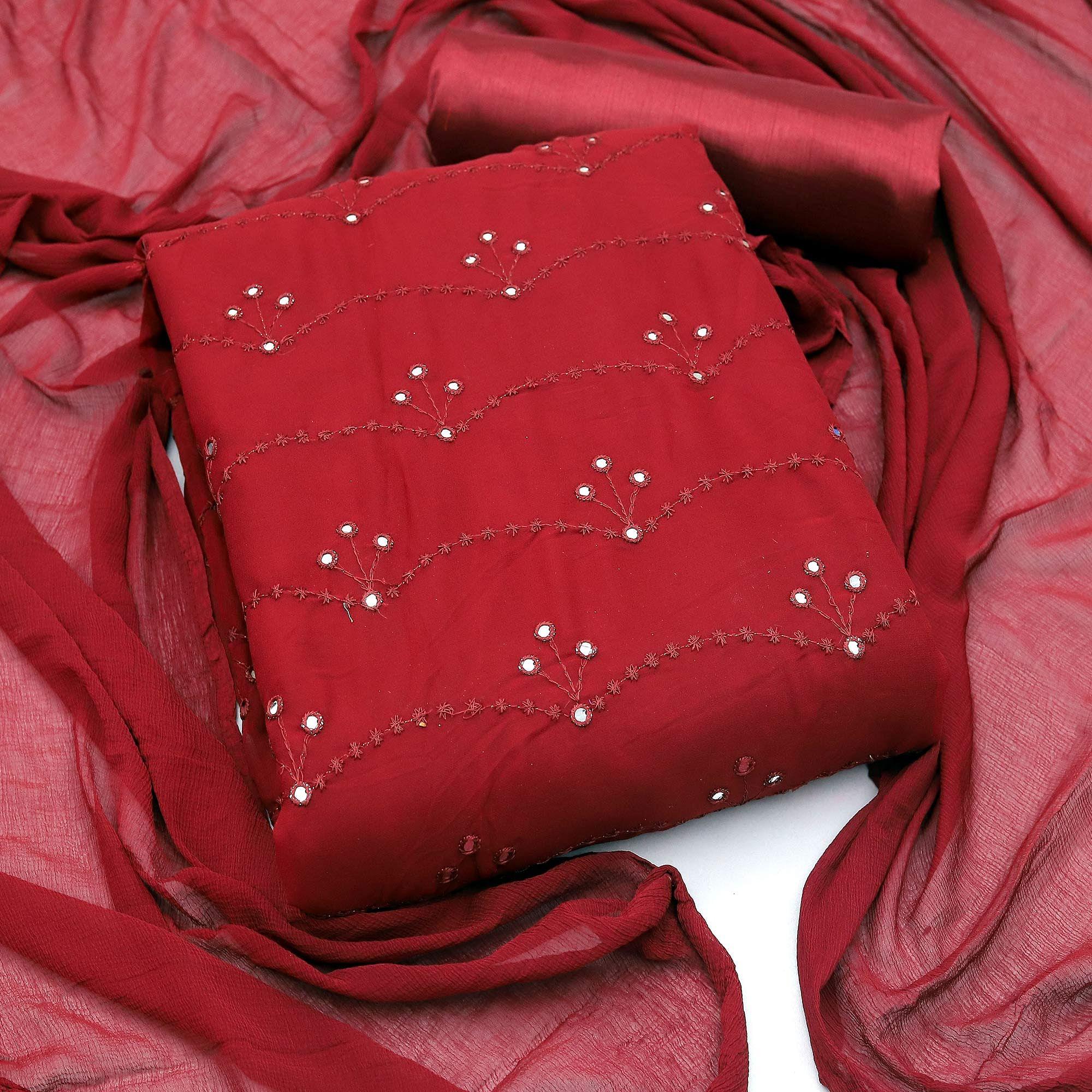 Maroon Festive Wear Embellished With Embroidered Georgette Dress Material - Peachmode
