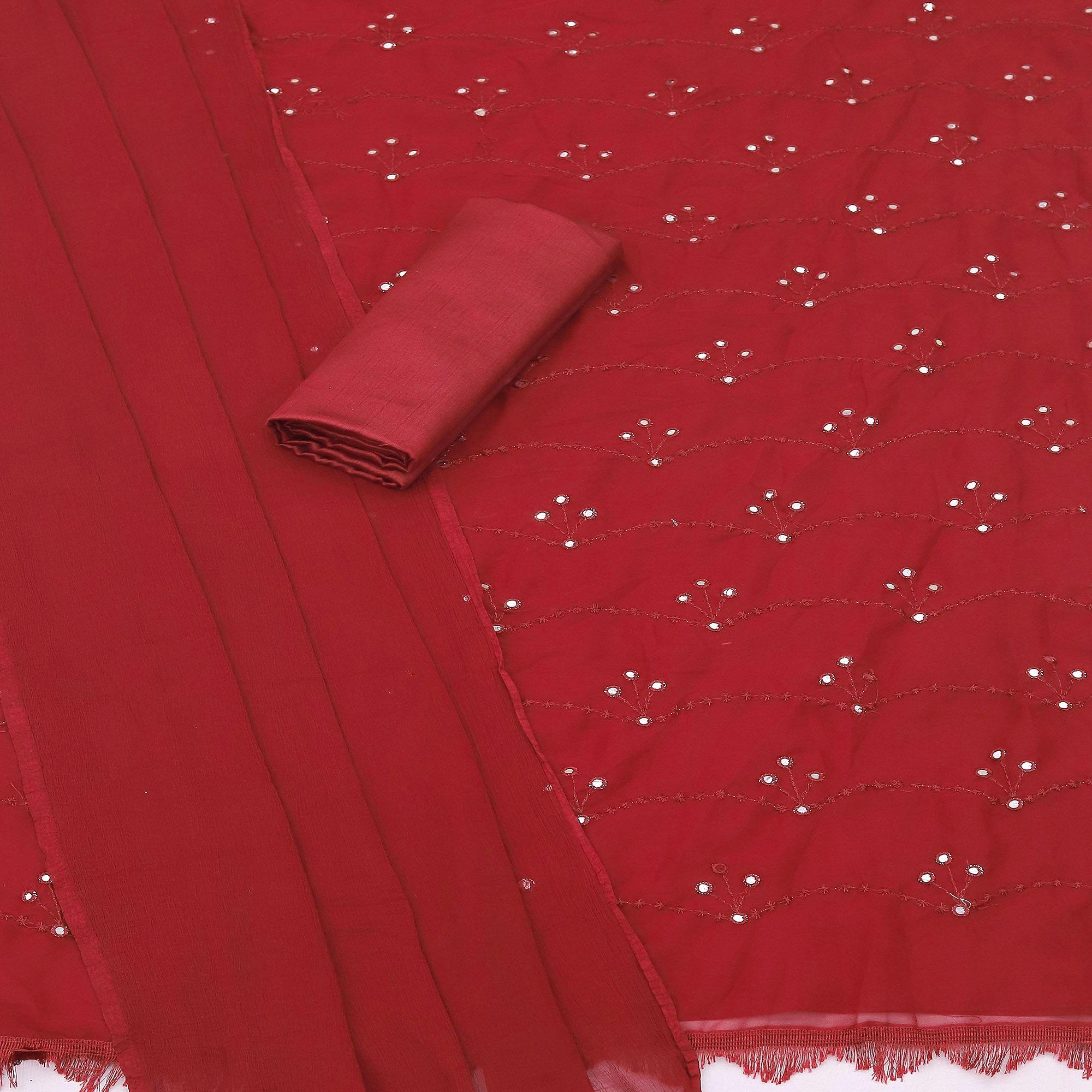 Maroon Festive Wear Embellished With Embroidered Georgette Dress Material - Peachmode