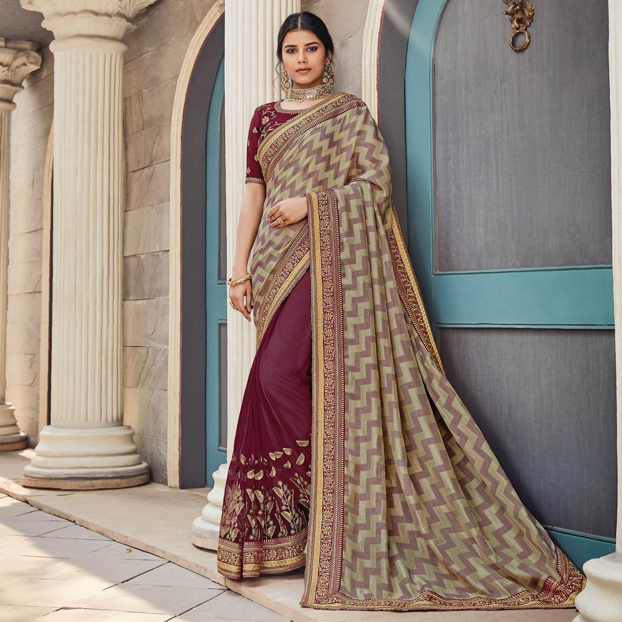 Maroon Festive Wear Embroidered Art Silk Saree - Peachmode
