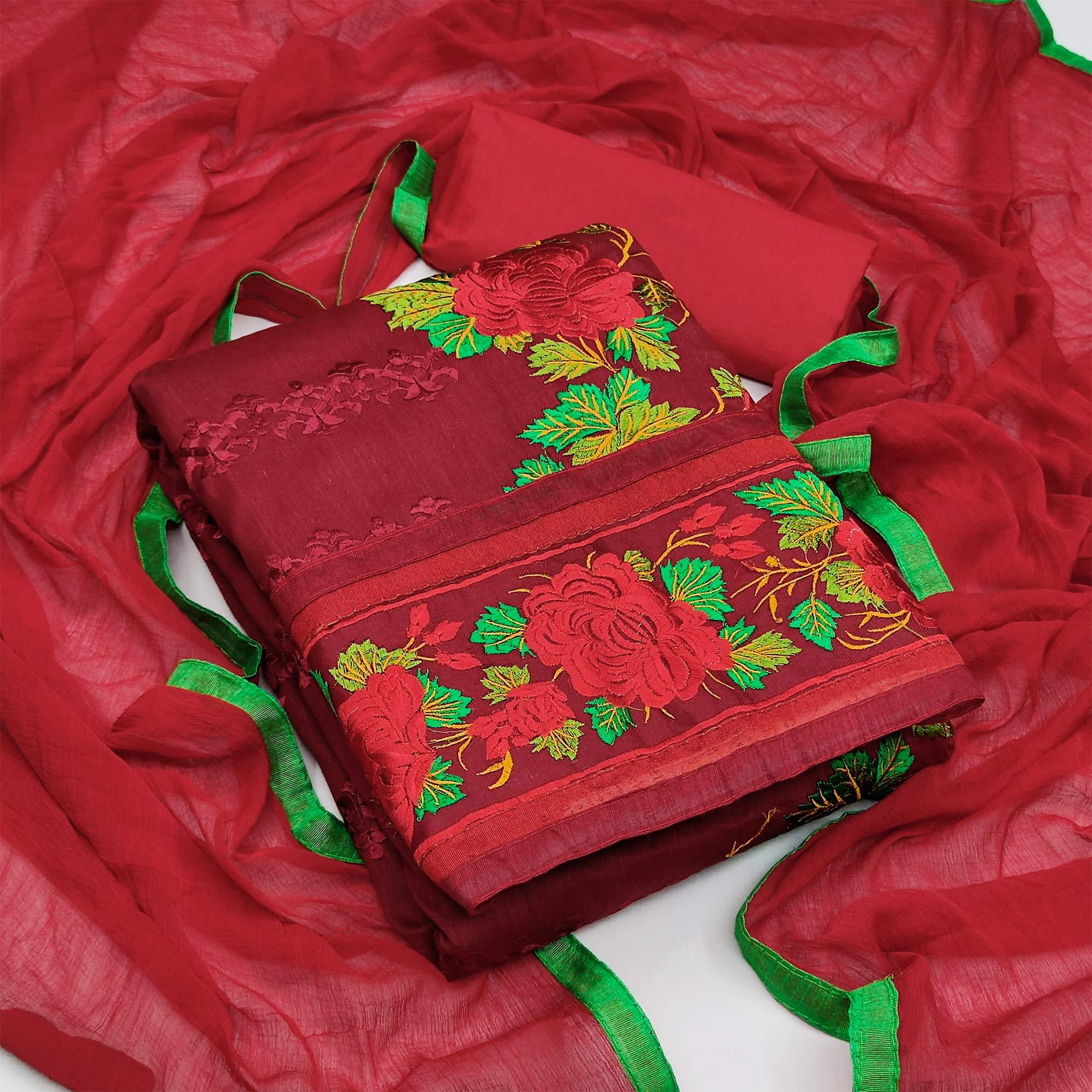 Maroon Festive Wear Embroidered Cotton Dress Material - Peachmode