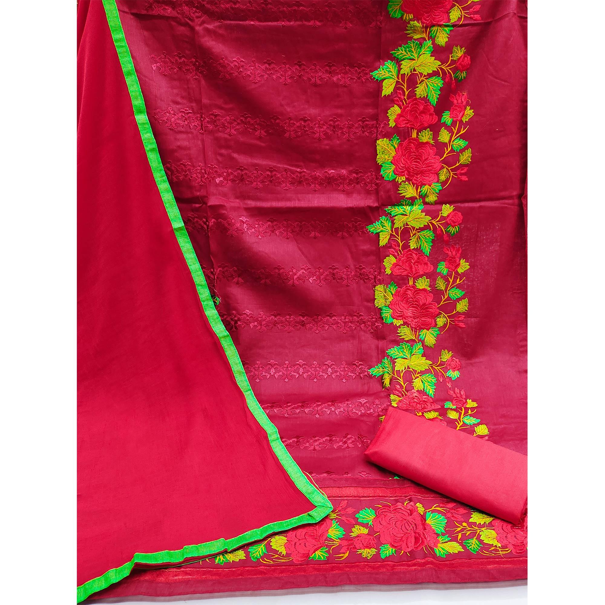 Maroon Festive Wear Embroidered Cotton Dress Material - Peachmode