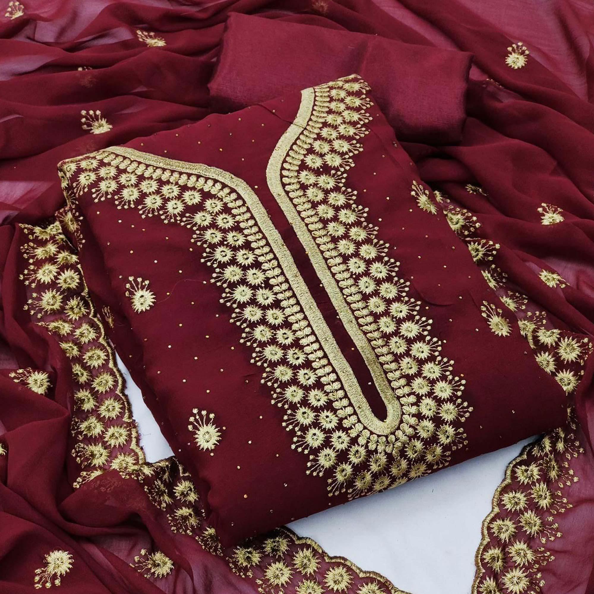 Maroon Festive Wear Embroidered Georgette Dress Material - Peachmode