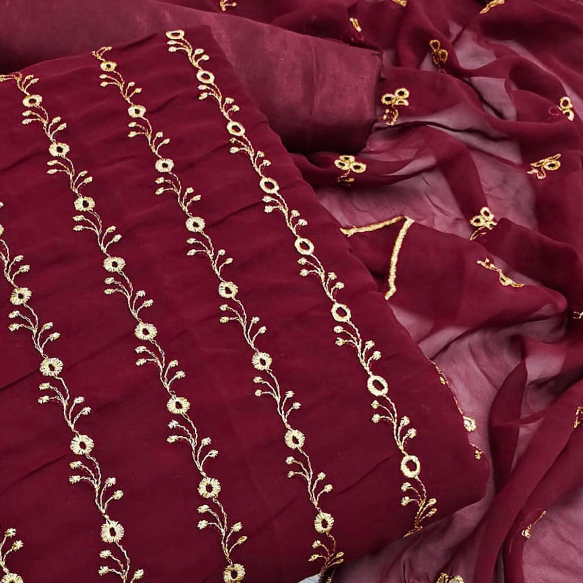 Maroon Festive Wear Embroidered Georgette Dress Material - Peachmode
