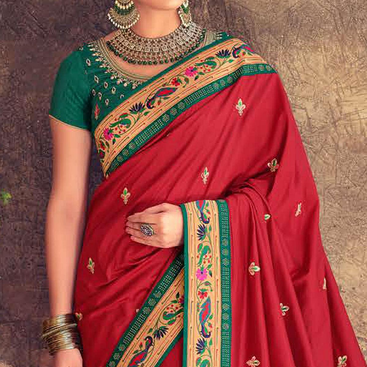Maroon Festive Wear Embroidered Silk Paithani Saree - Peachmode