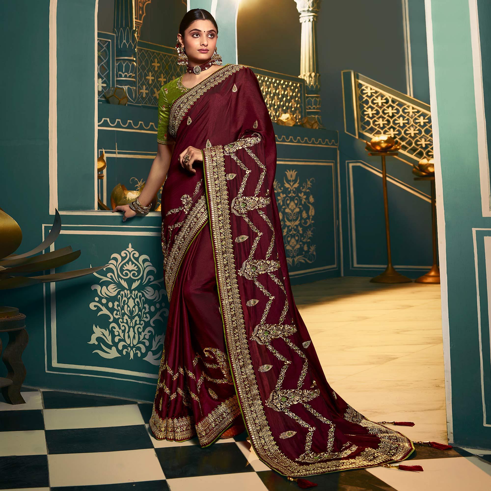 Maroon Festive Wear Embroidered Silk Saree - Peachmode