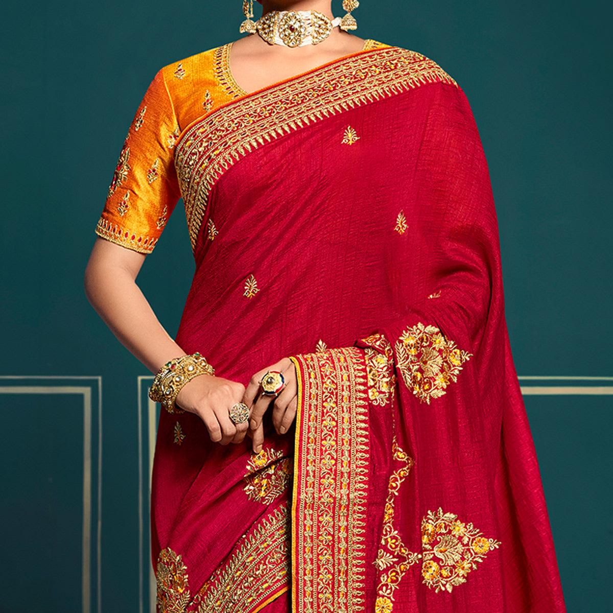 Maroon Festive Wear Embroidered Silk Saree - Peachmode