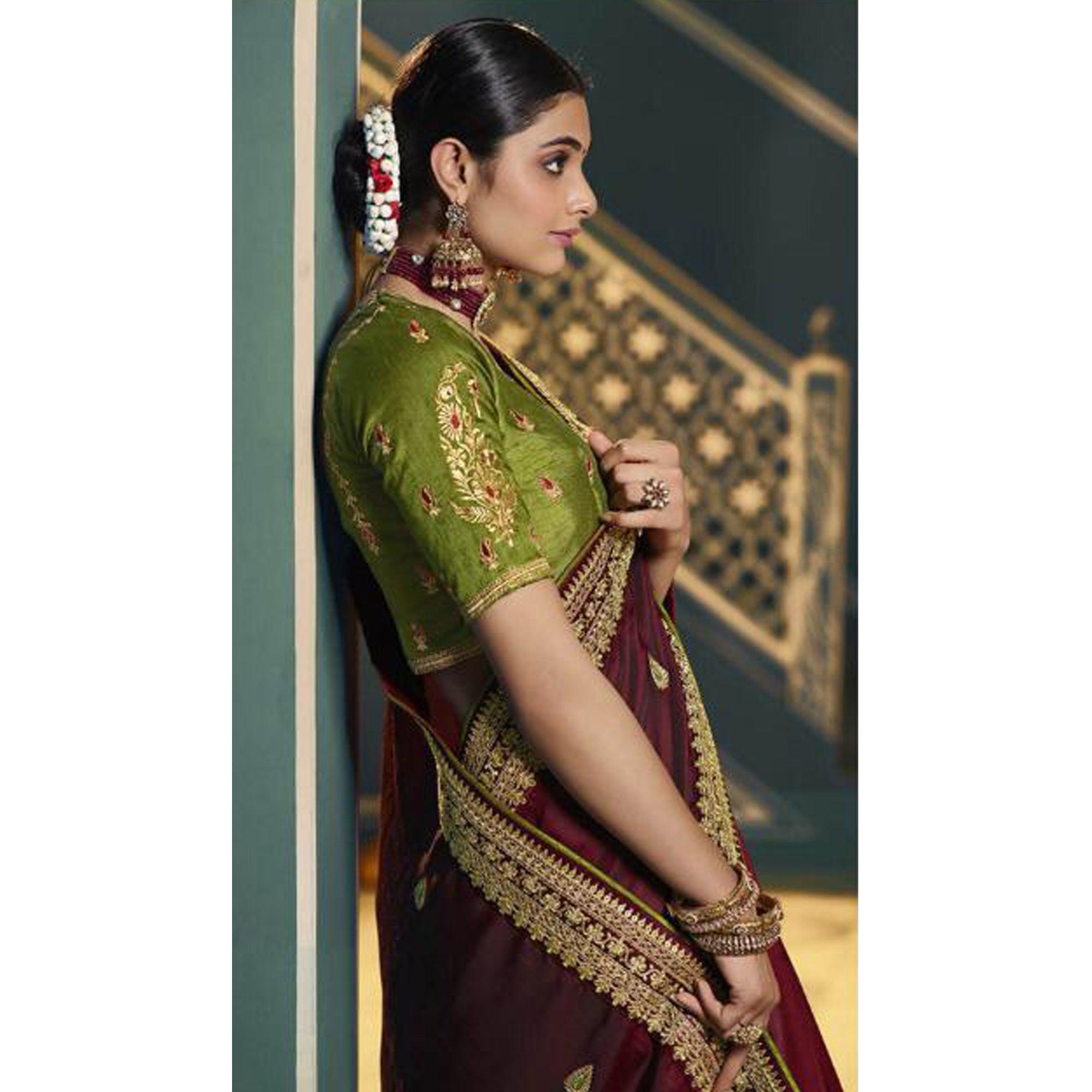 Maroon Festive Wear Embroidered Silk Saree - Peachmode
