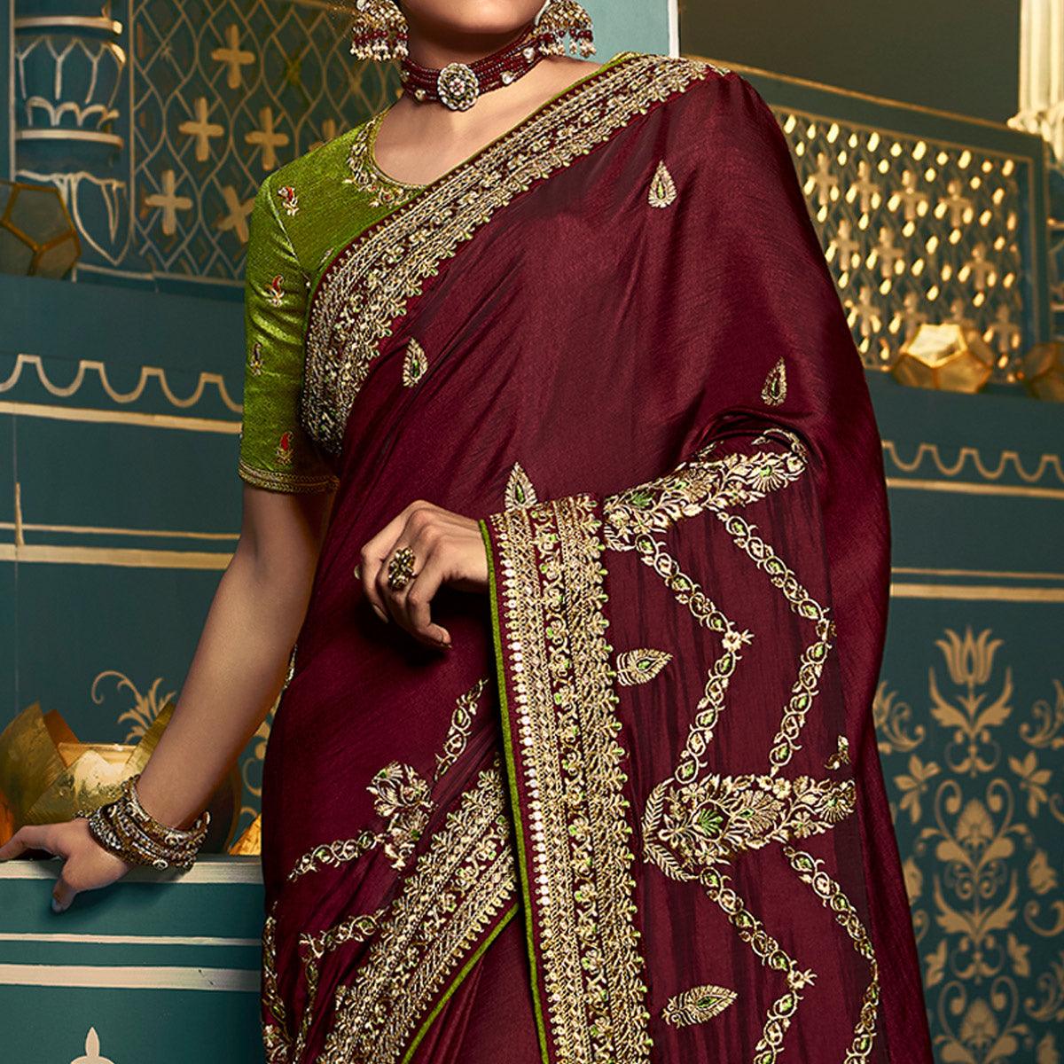 Maroon Festive Wear Embroidered Silk Saree - Peachmode