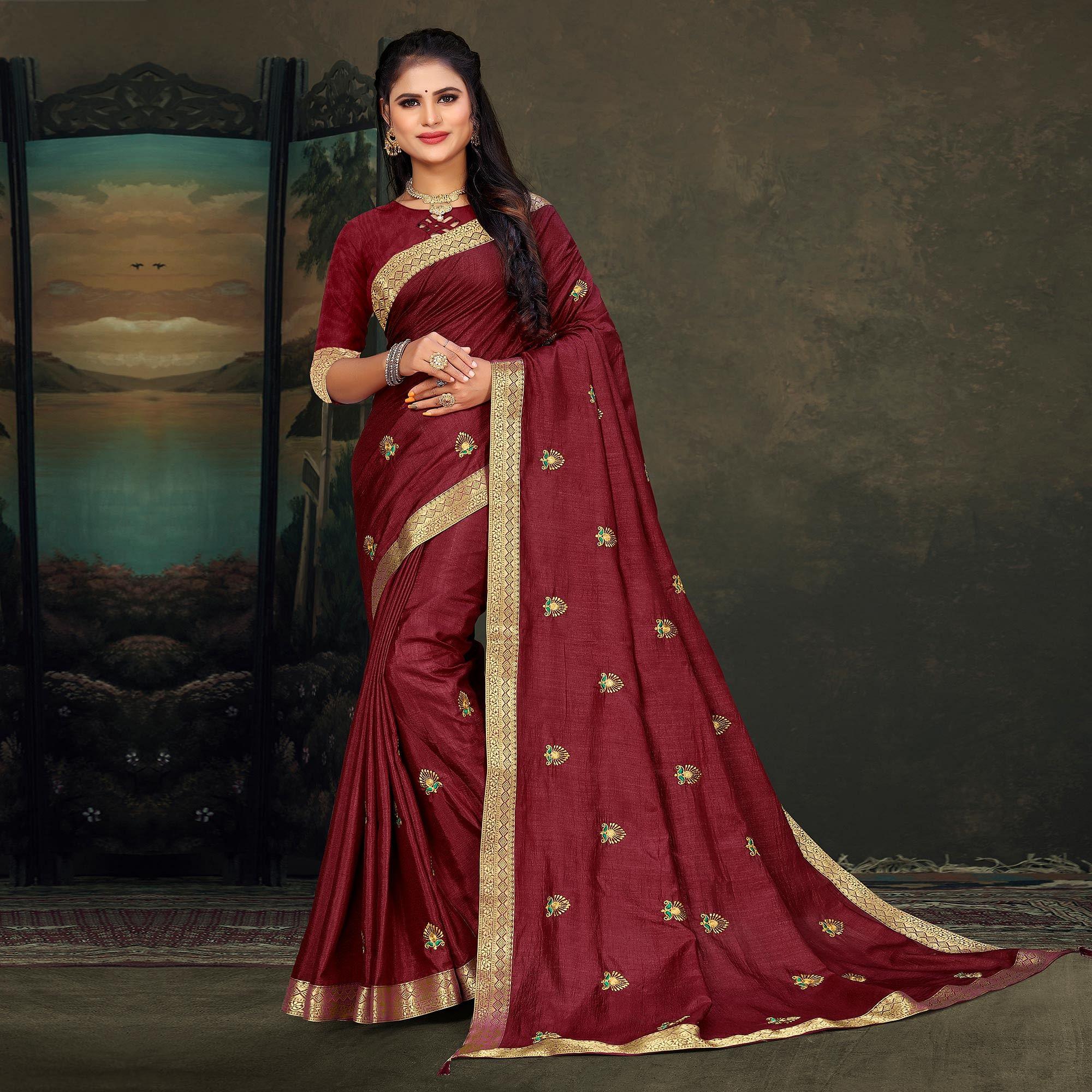Maroon Festive Wear Embroidered Vichitra Silk Saree - Peachmode