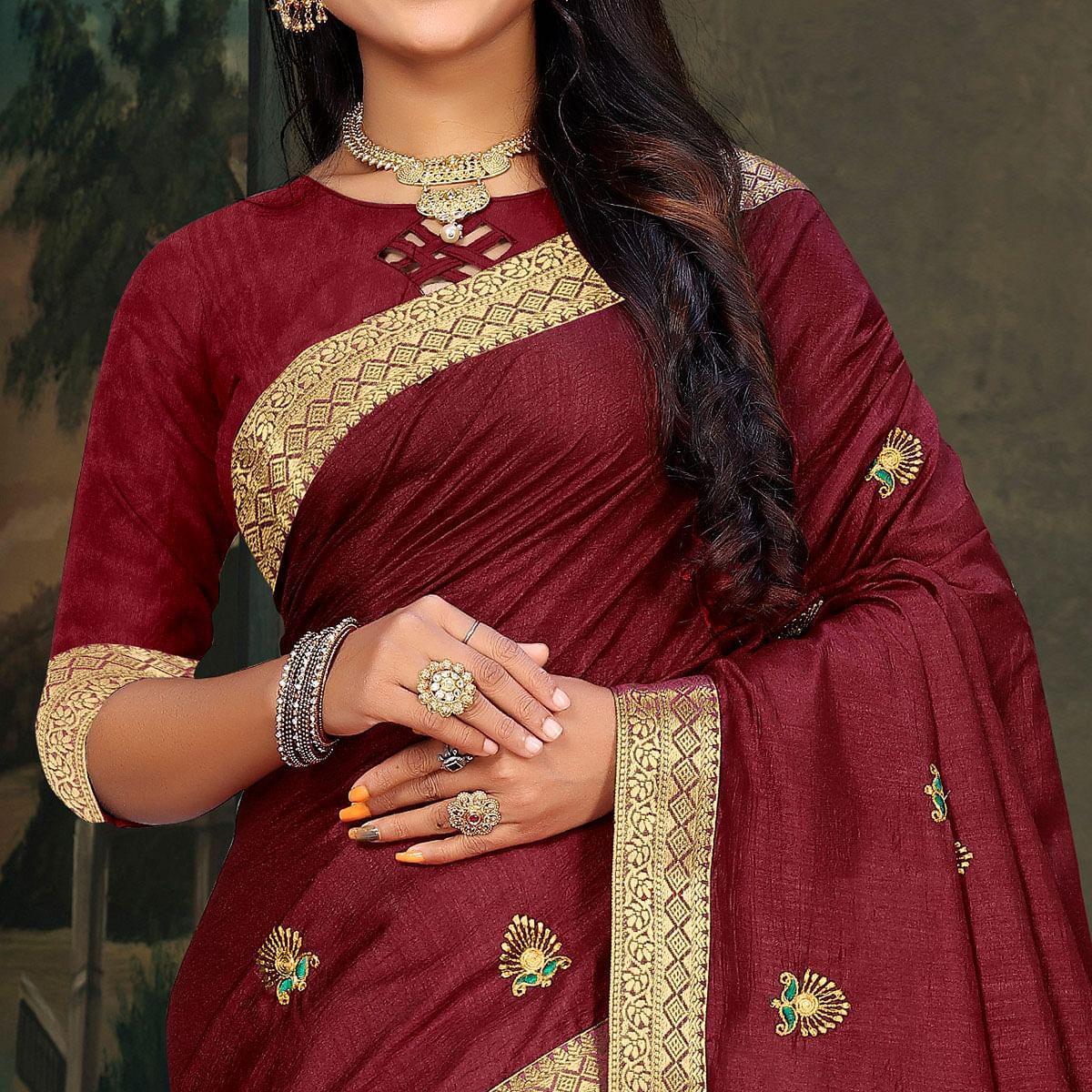 Maroon Festive Wear Embroidered Vichitra Silk Saree - Peachmode