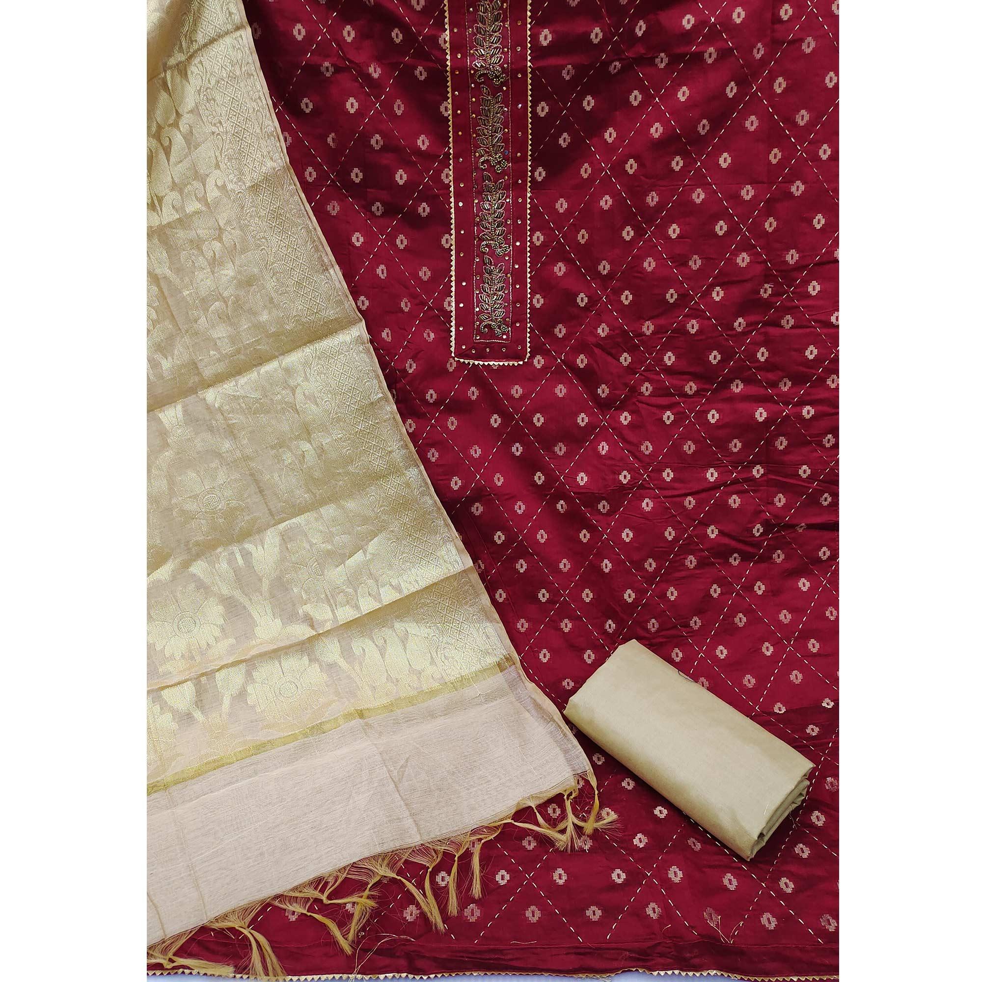Maroon Festive Wear Embroidery With Embellished Chanderi Dress Material - Peachmode