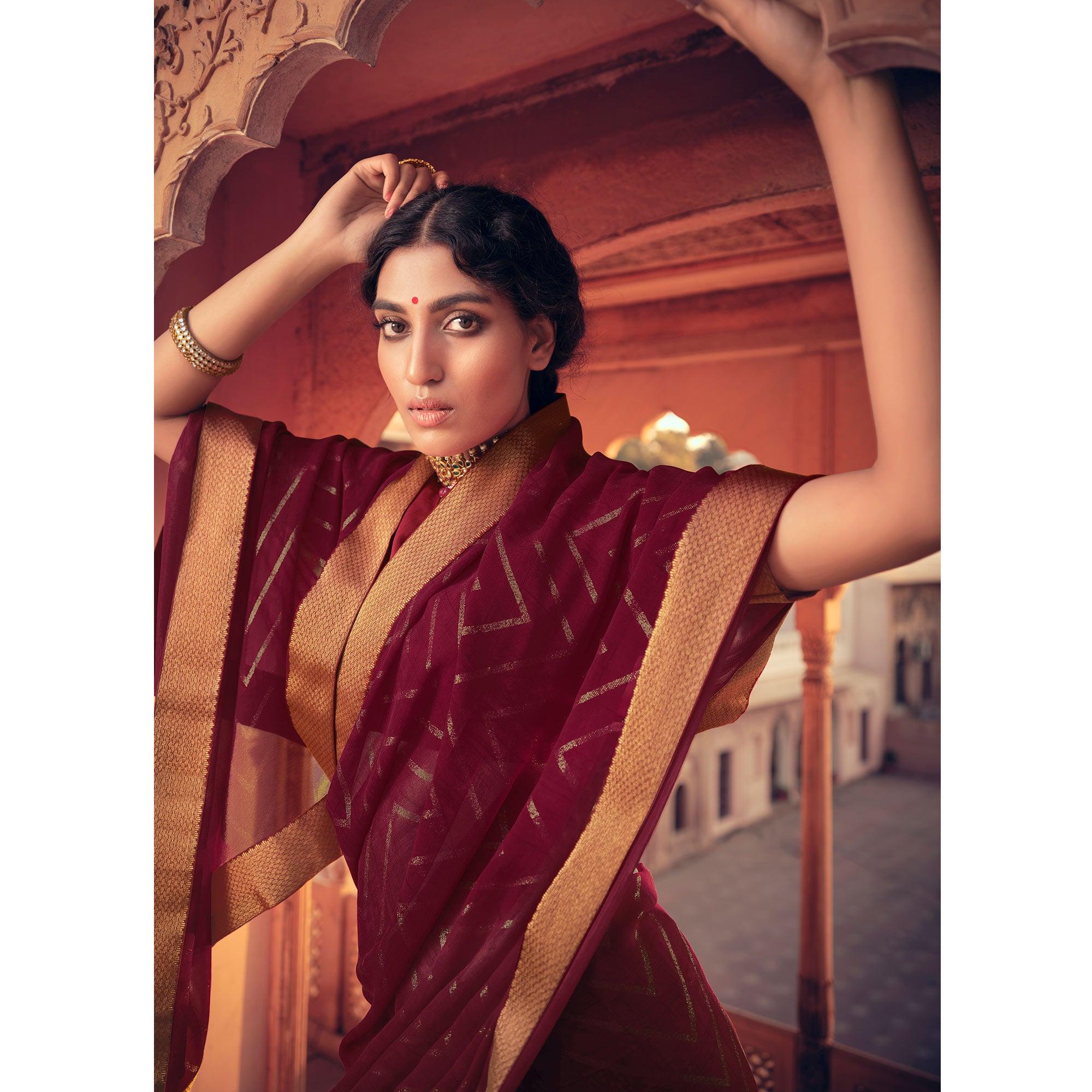 Maroon Festive Wear Fancy Smoke Printed Georgette Saree Fancy Lace - Peachmode