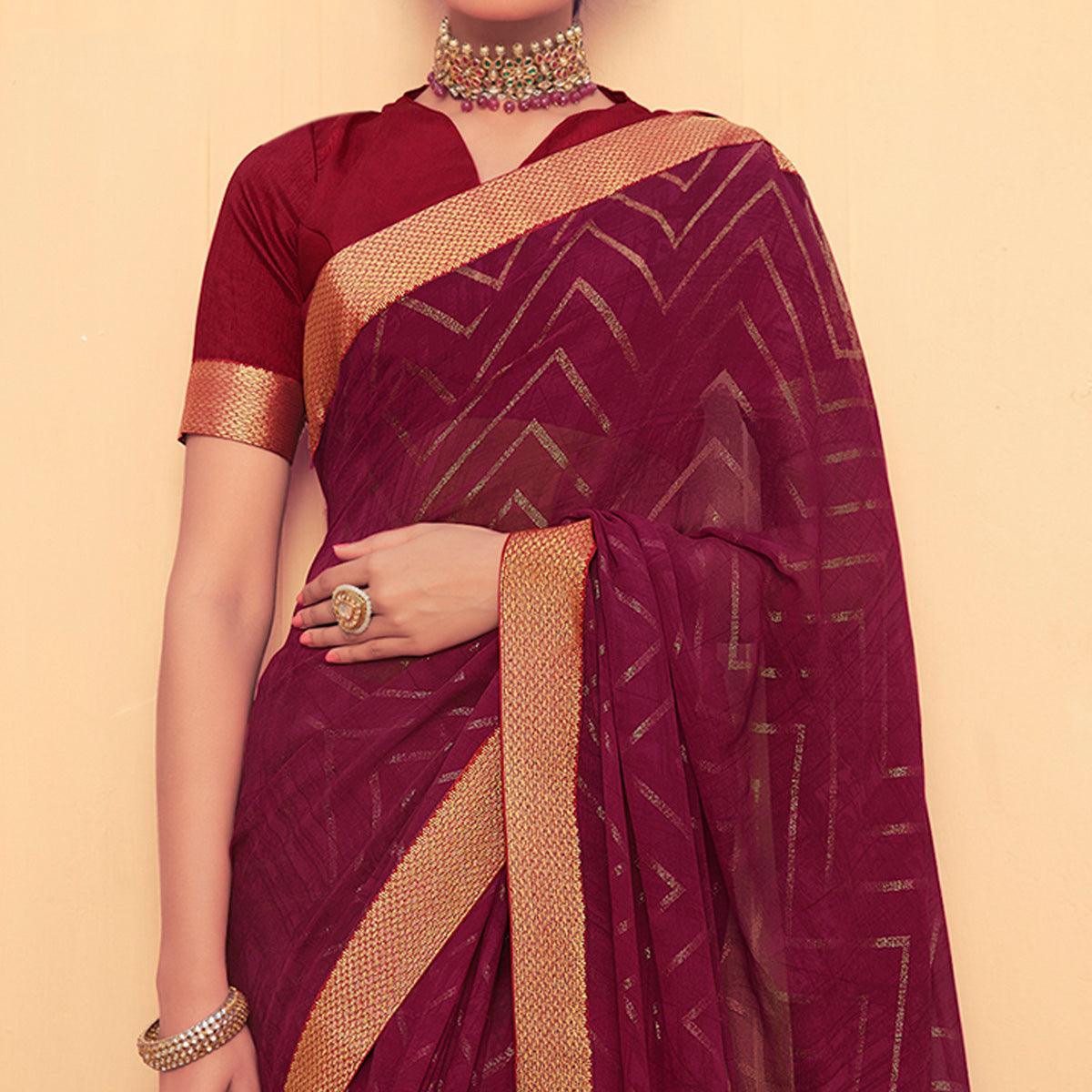 Maroon Festive Wear Fancy Smoke Printed Georgette Saree Fancy Lace - Peachmode
