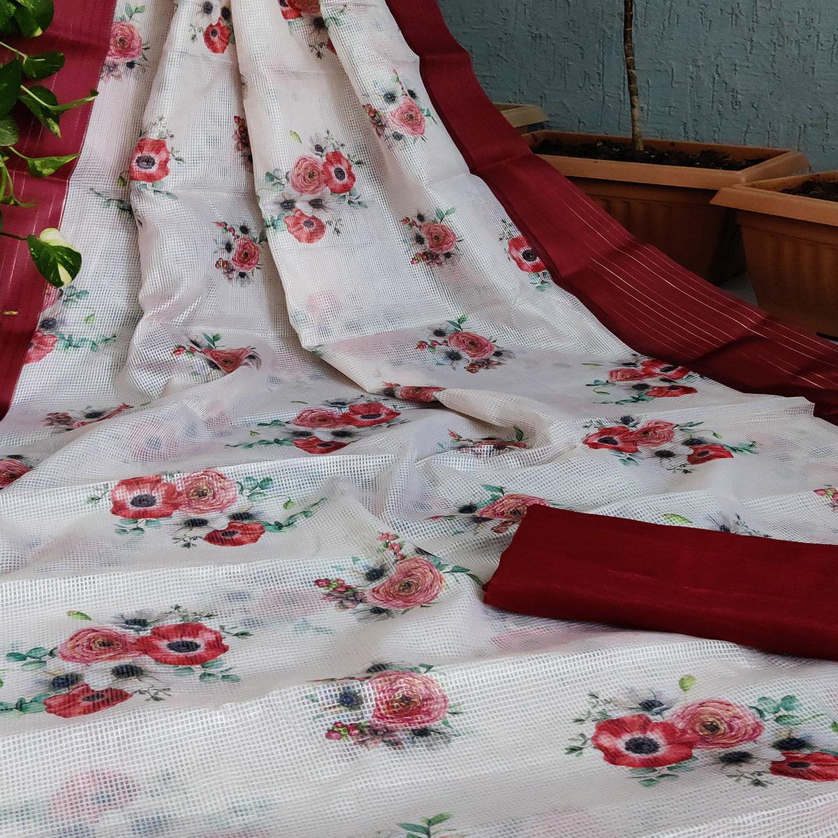 Maroon Festive Wear Floral Digital Print With Woven Border Silk Saree - Peachmode