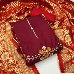 Maroon Festive Wear Floral Embroidered Cotton Dress Material - Peachmode