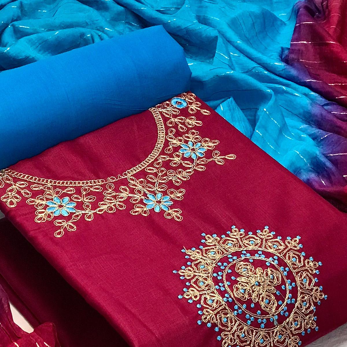 Maroon Festive Wear Floral Embroidered Cotton Dress Material - Peachmode