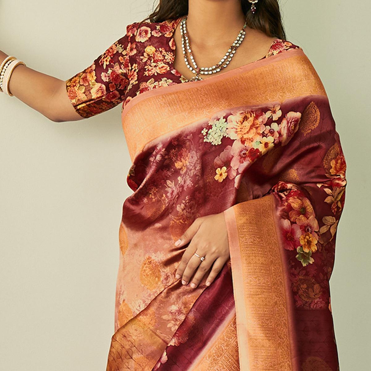 Maroon Festive Wear Floral Printed Silk Saree With Woven Border - Peachmode